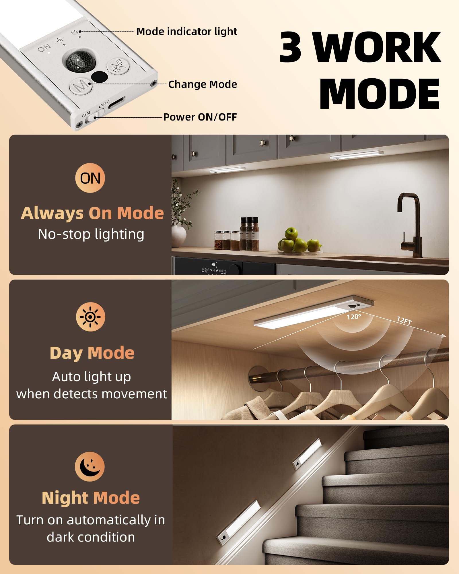 EZVALO 12" Under Cabinet Lighting - Rechargeable Motion Sensor, Dimmable, Magnetic, 3 Color Temperatures, Aluminum (2 Pack)