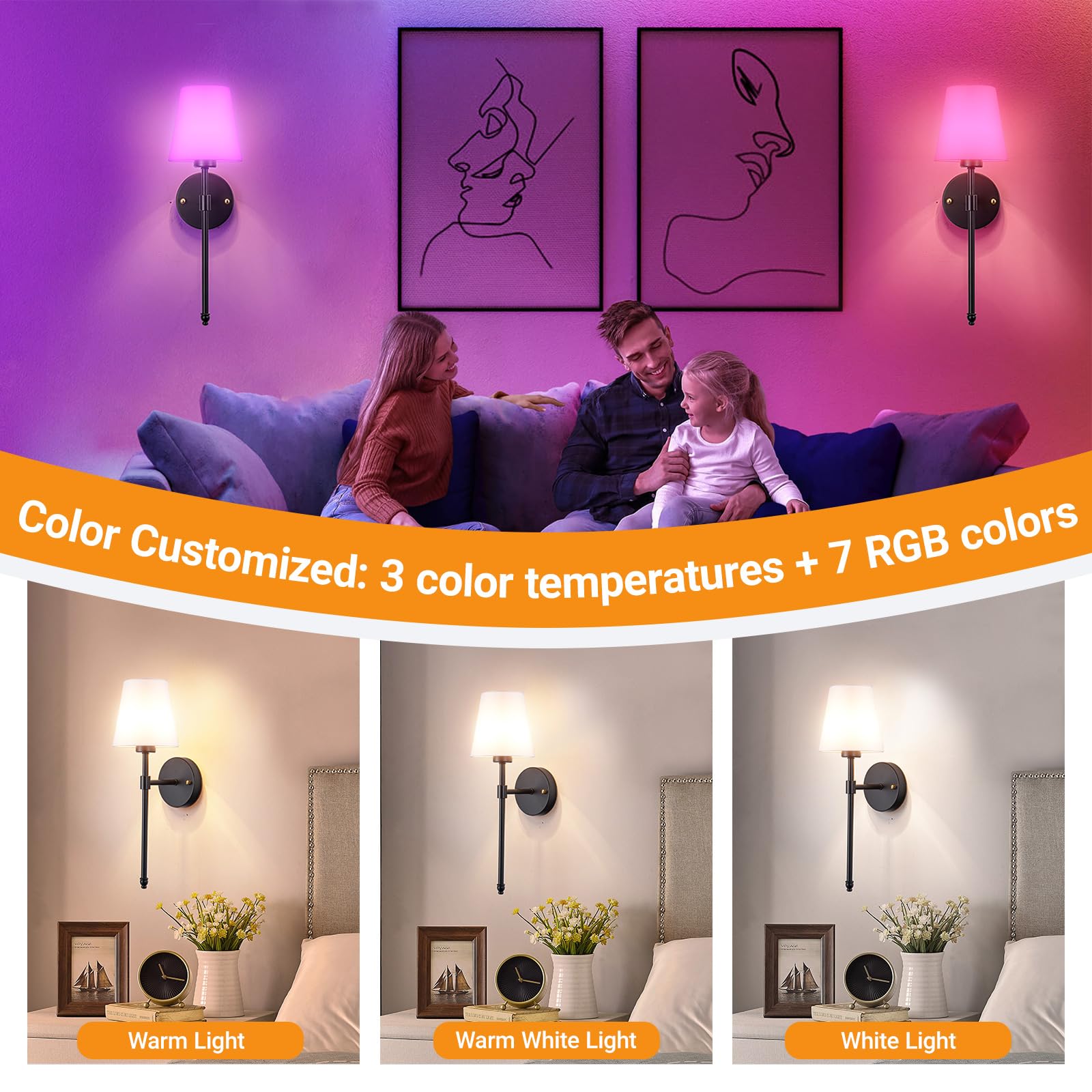 Nekhung Battery Operated Wall Sconces Set of 2, Wireless RGB Rechargeable Light, 20inch Black Metal, Remote Control, One Size