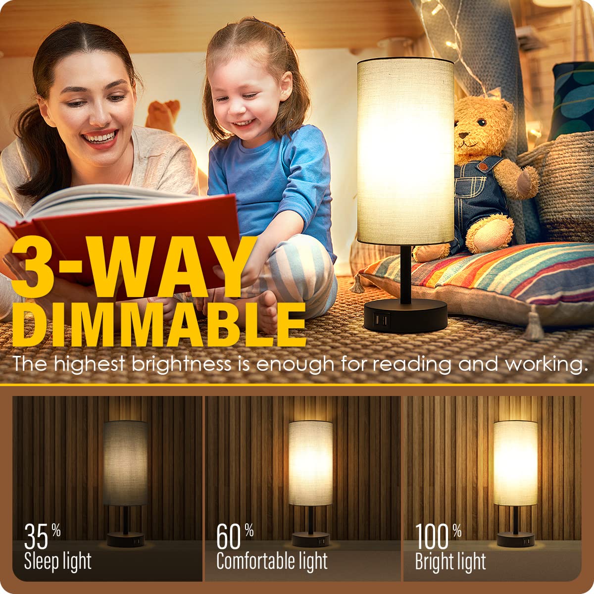 Yarra-Decor Touch Control Table Lamp Set of 2 - 3 Way Dimmable, Grey Fabric Shade, USB Port, Model Y-2 Grey
