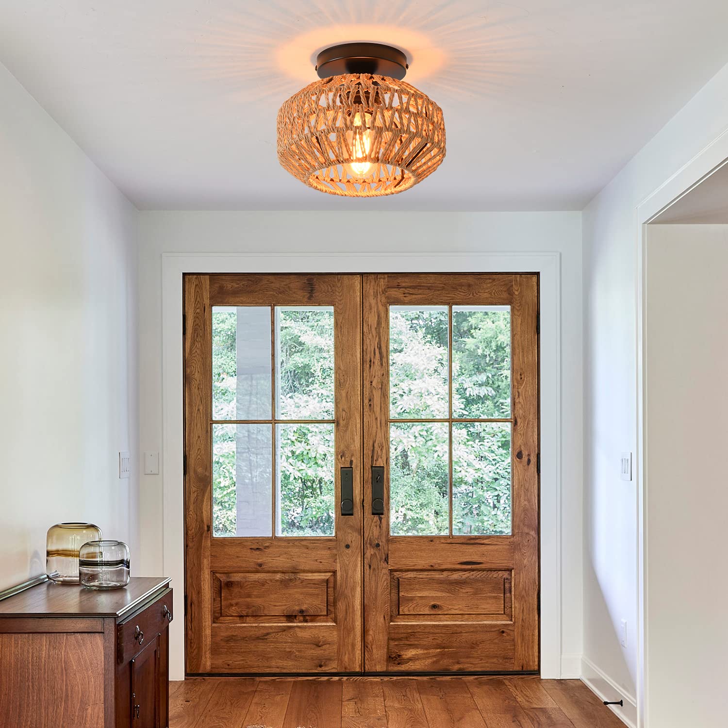 IHENGYANLT Semi Flush Mount Ceiling Light, Metal Rattan, 2 Pack, Hand Woven Farmhouse Fixtures for Bedroom, Hallway, Nursery, Model C1220Z