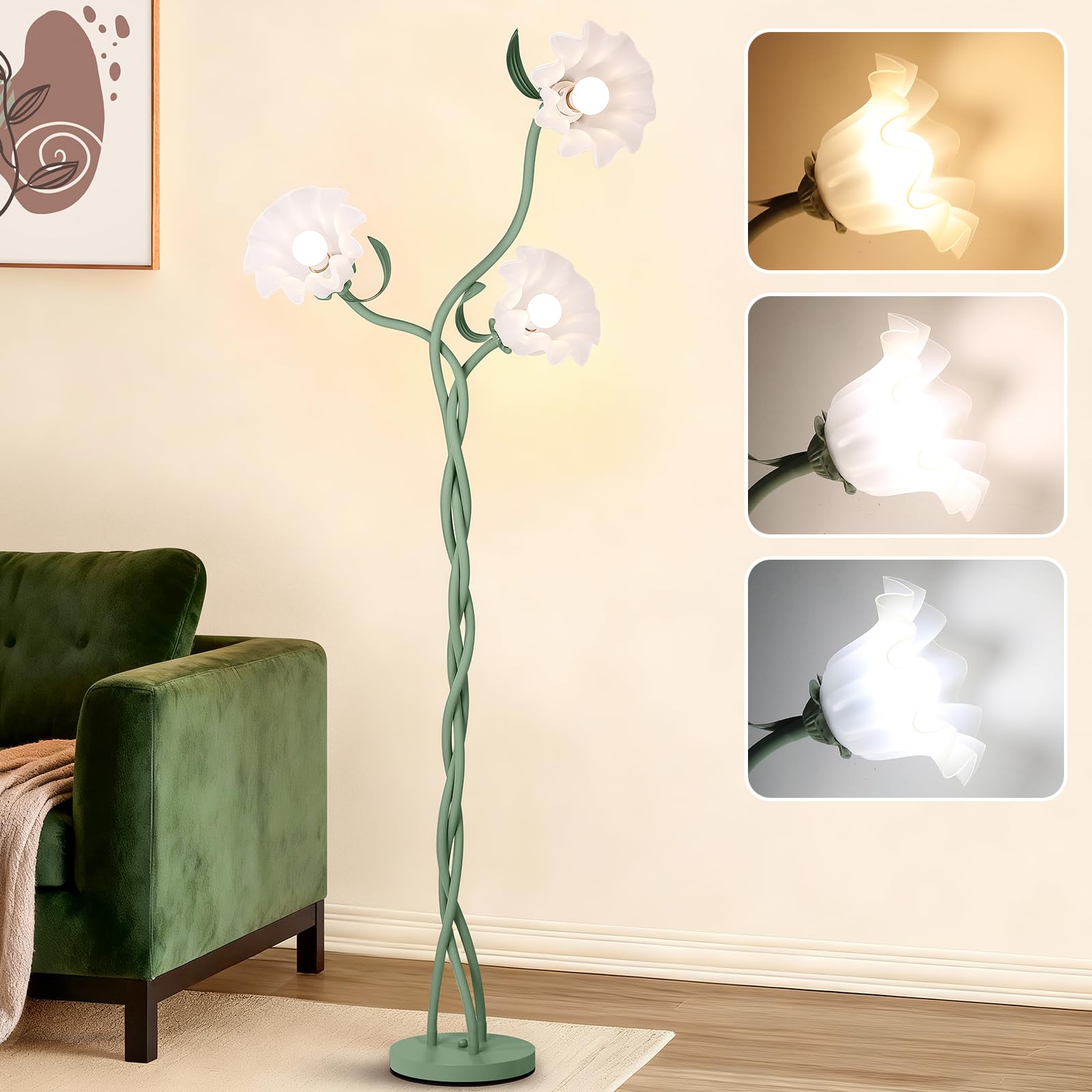 FUNNYBEHOM Floor Lamp for Living Room, 3 Lights Green Flower Lamp, Modern Tall Standing Lamp with 3 Color Temperatures Flexible 