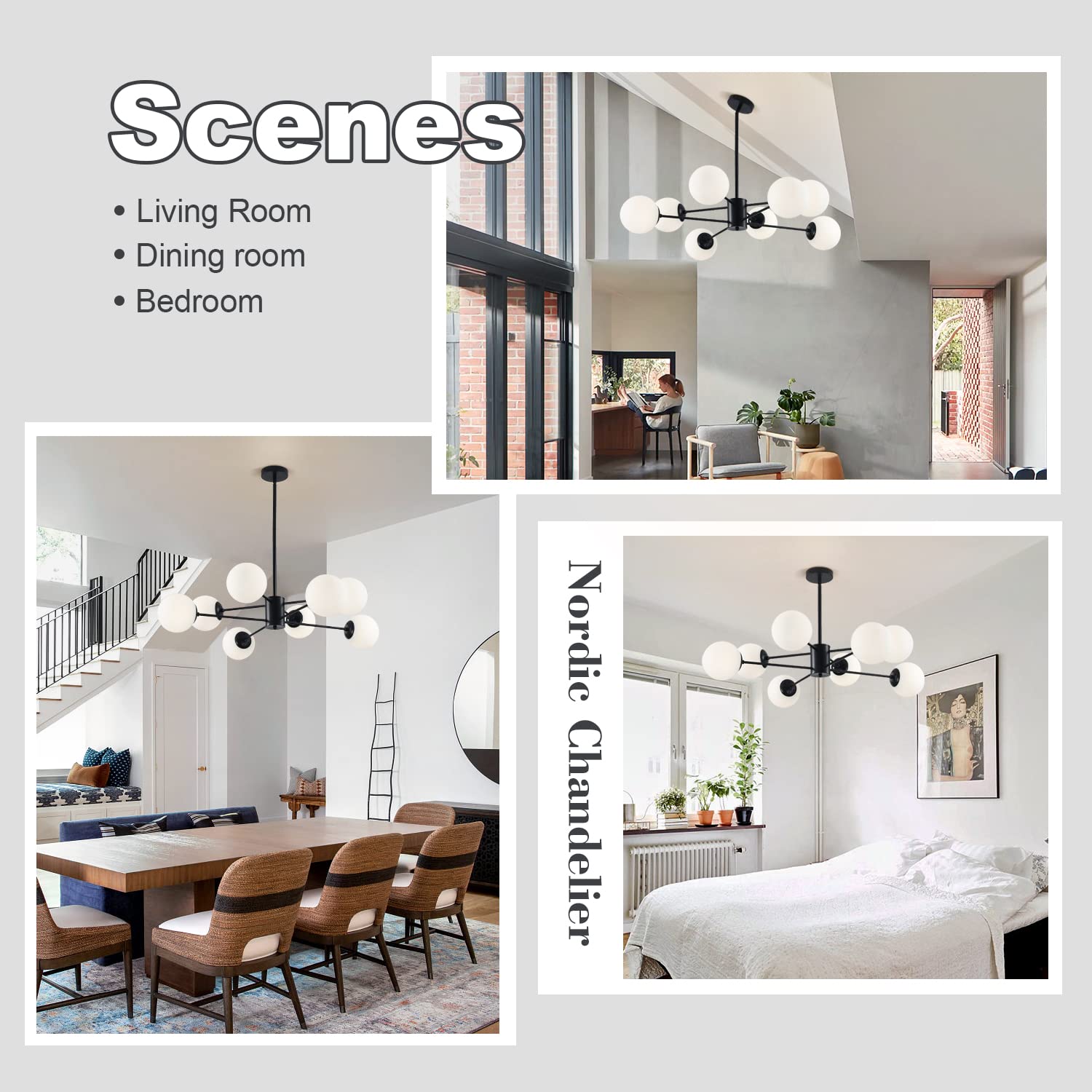 KCO Lighting Black Sputnik Chandelier 8-Light Glass Globe Mid Century Modern Ceiling Fixture Black+White Model L1085-8-BW
