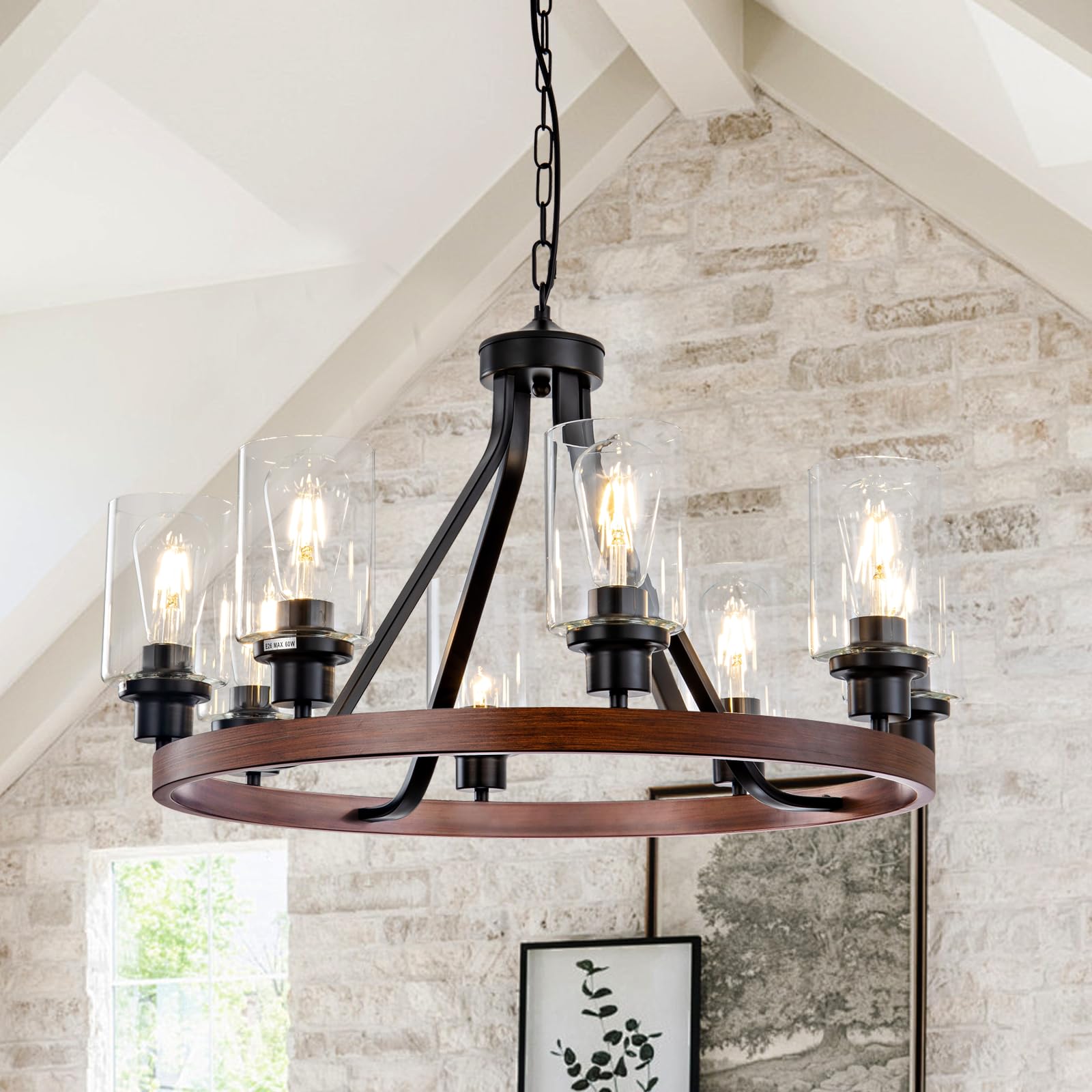 Lanhall 8-Light Chandelier, Rustic Metal & Glass, Adjustable Height, Wooden Finish, Model 500-100-1063