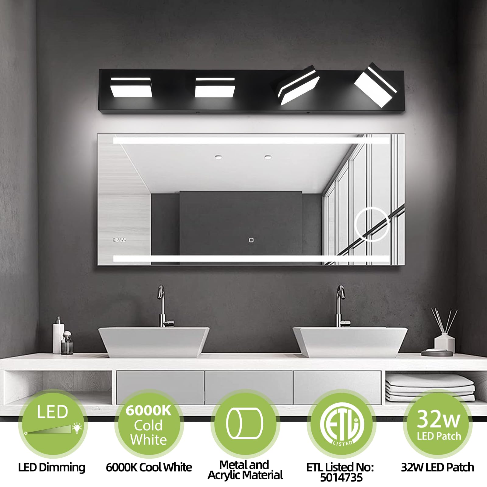Okeli 4-Light Dimmable Bathroom Vanity Light, Matte Black, Adjustable Led Over Mirror, 32W 6000K