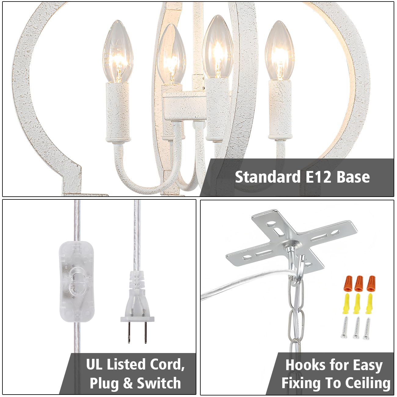 LASENCHOO 4-Light Plug-in Farmhouse Chandelier, Wood Rustic Pendant Lighting, White, Model Y5020S-4-D for Dining Room or Outdoor Use