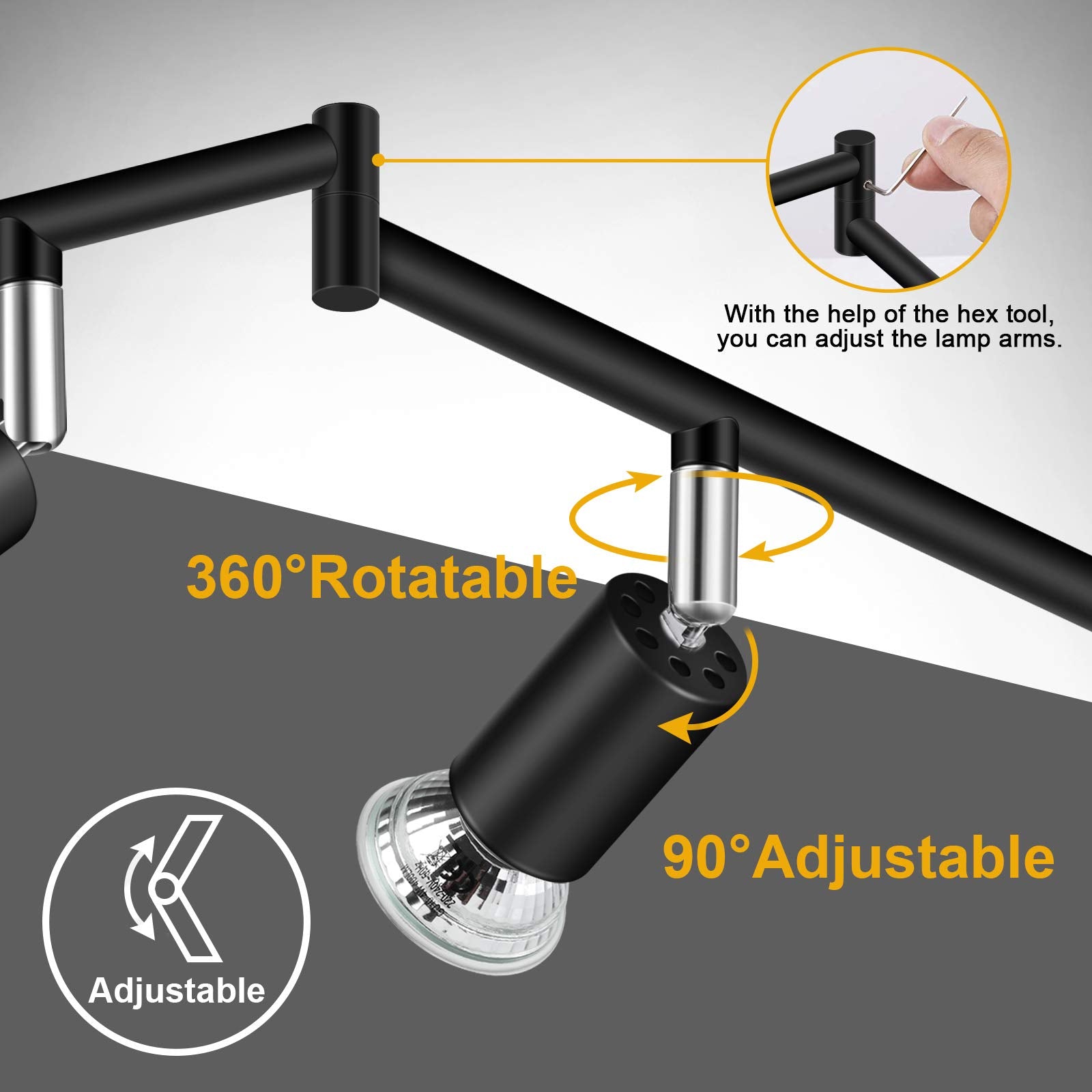 Ascher 6-Light Led Track Lighting Kit, Flexibly Rotatable Light Heads, 6 Way Ceiling Spotlight Black Finish, Including 6 Gu10 Le