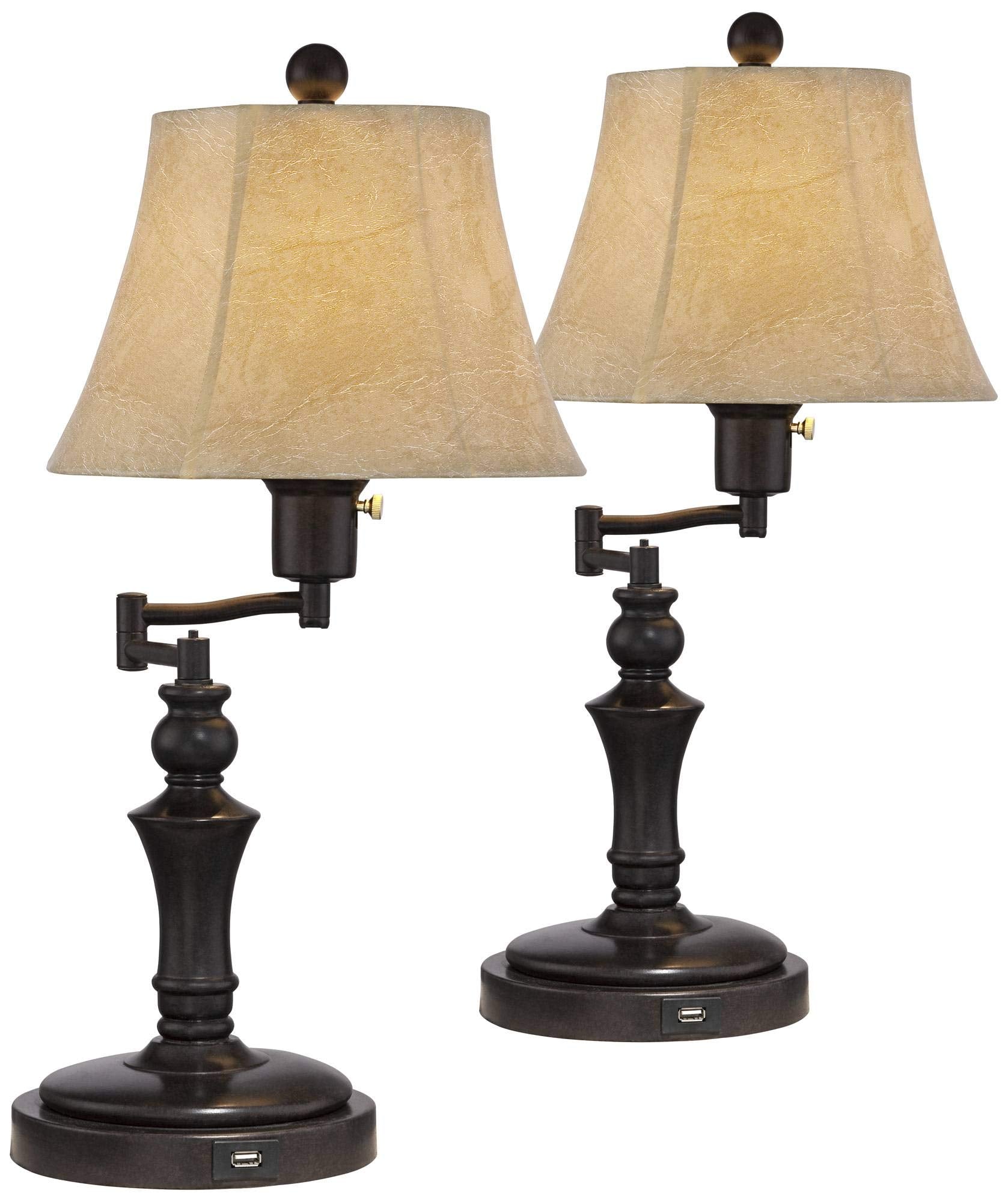 Regency Hill Corey Hill Traditional Rustic Natural Cottage Swing Arm Desk Table Lamps 21.75 High Set of 2 with USB Charging Port
