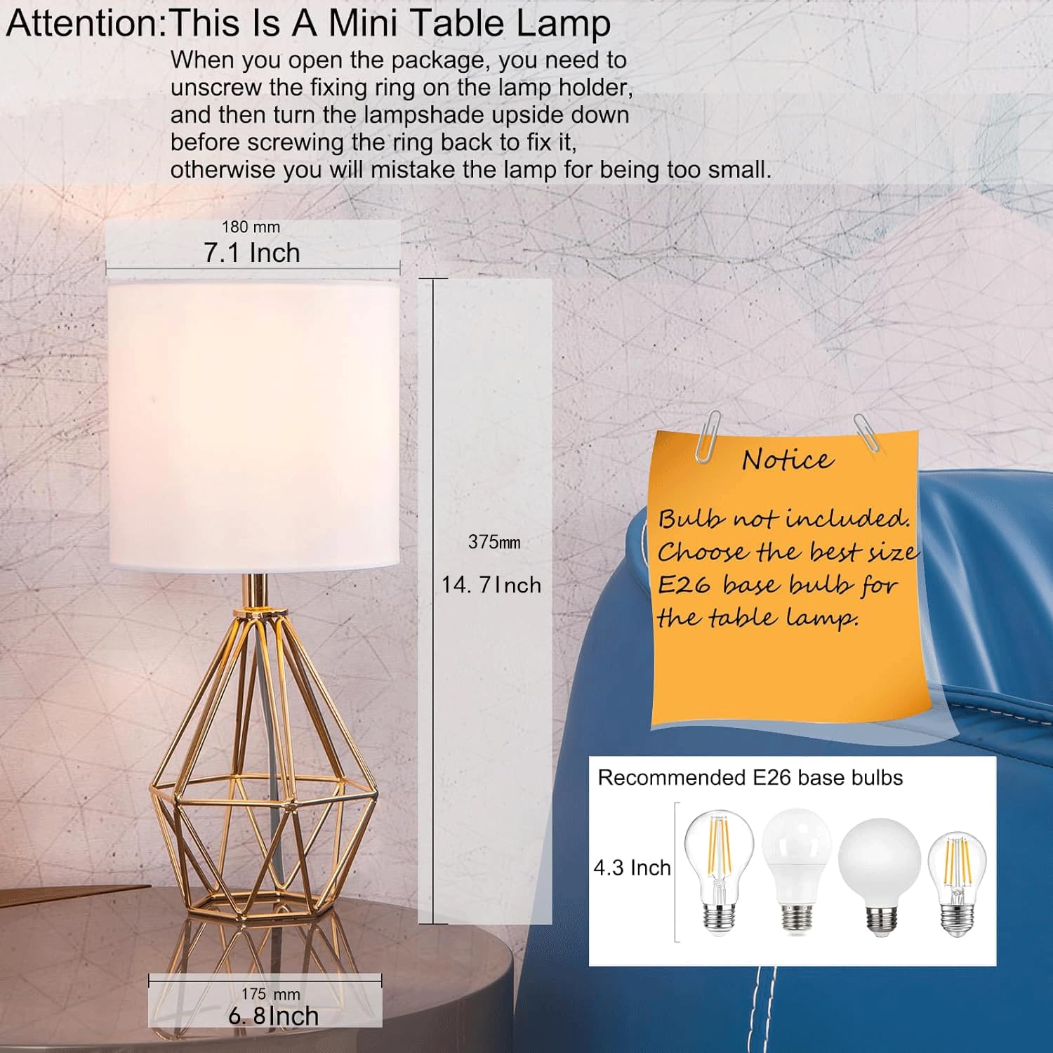 COTULIN Gold Bedroom Table Lamp, Modern Geometric Metal Base, White Fabric Shade, Model ZWL039G, Cute Nightstand Lamp for Kids