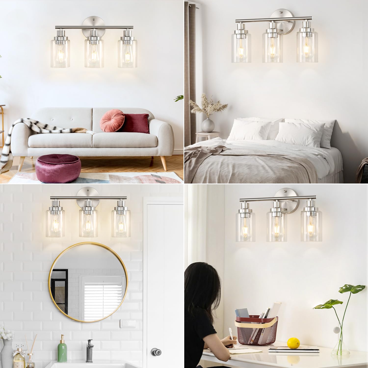 Apenath Modern 3-Light Vanity Wall Sconce, Clear Glass Shade, Brushed Nickel, Ideal for Bathroom, Kitchen, Living Room