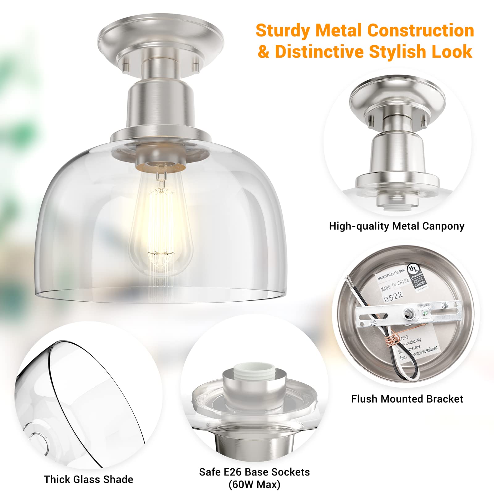 Eapudun Brushed Nickel Semi Flush Mount Ceiling Light With Clear Glass Shade, 1 Light Fixture