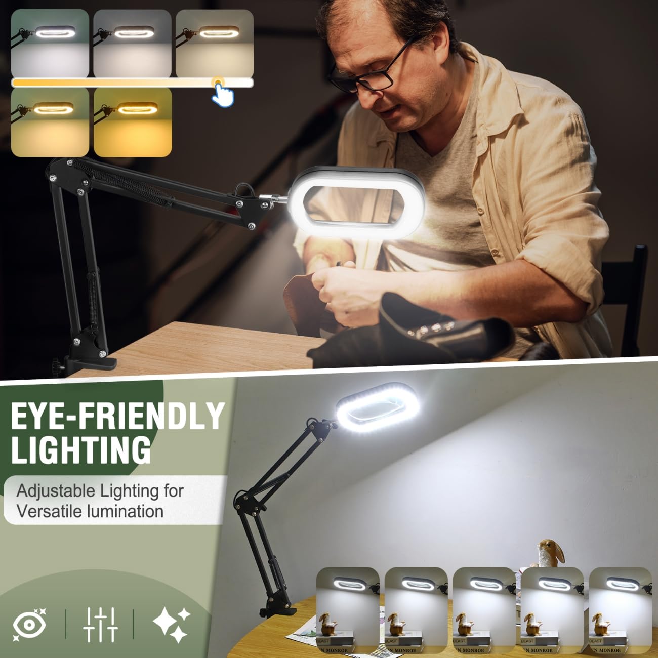 Veemagni 10X Magnifying Glass with Light, 5 Color Modes, Metal, Black, Model FX602, Hands-Free Desk Lamp & Clamp
