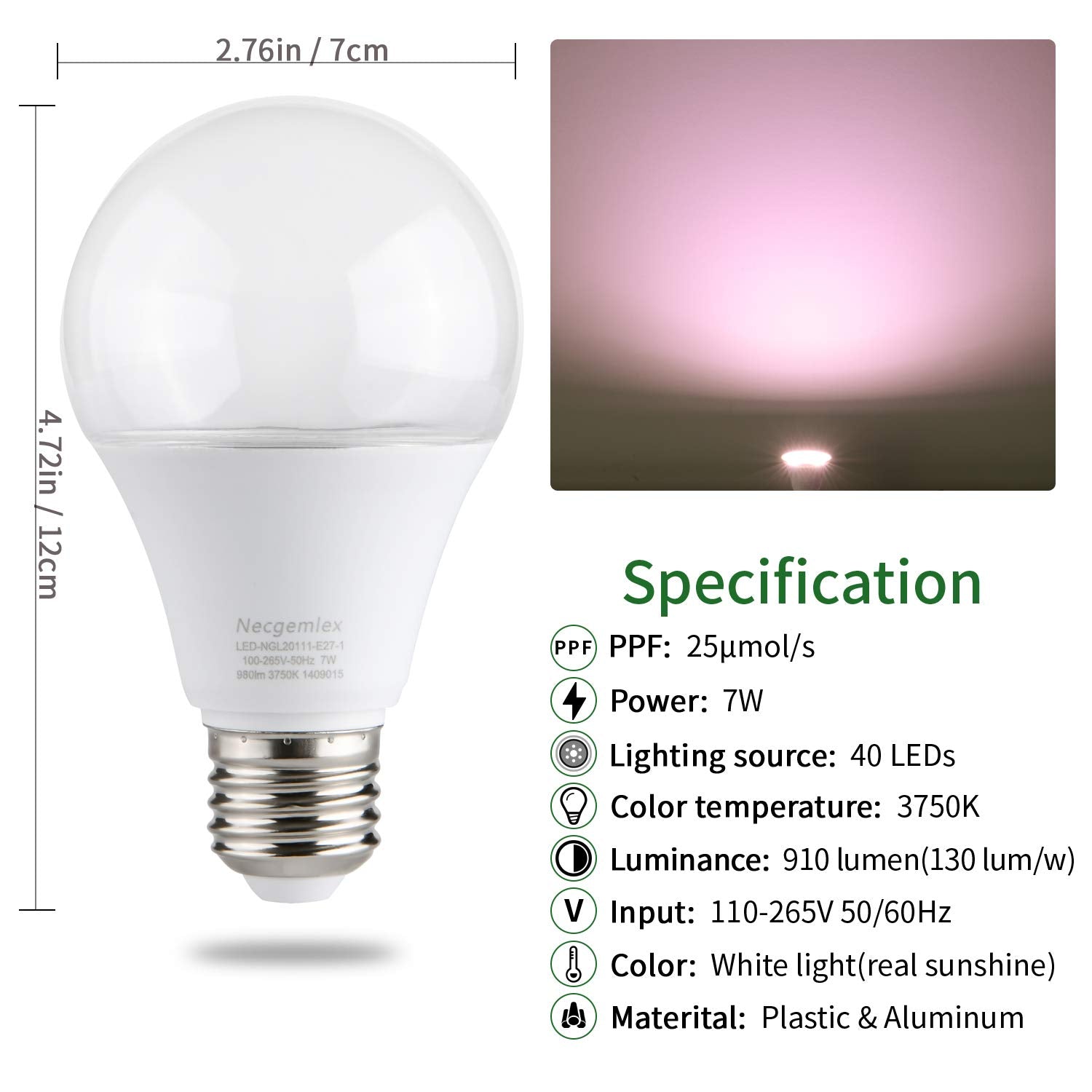 Necgemlex 4 Pack A70/A21 Grow Light Bulb, E26 110V 7W Full Spectrum LED Plant Light Bulb for Indoor Plants, Flowers, Greenhouse,