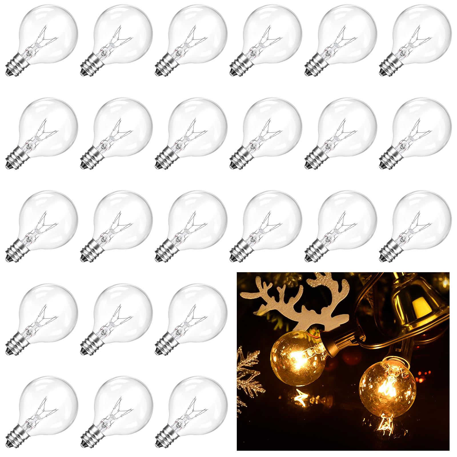 Huazhqing 25 Pack 120V 5W Incandescent G40 Replacement Bulbs For Indoor And Outdoor Patio Decor, Clear Globe Christimas Incandes