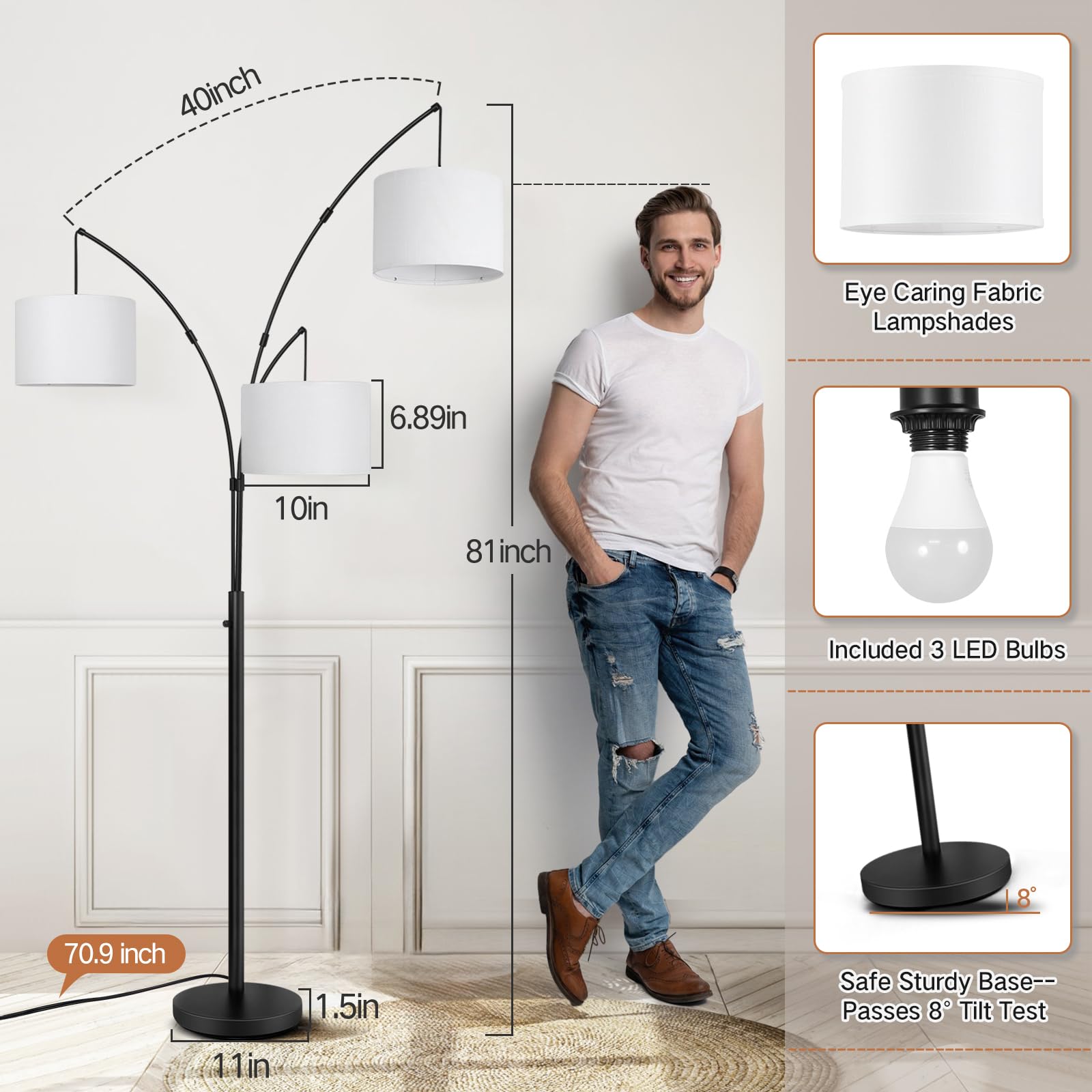 Outon Arc Led Floor Lamp, Modern Black 3 Light Tall Floor Lamp For Bedroom, 2400Lm Mid Century Adjustable Standing Corner Lamps