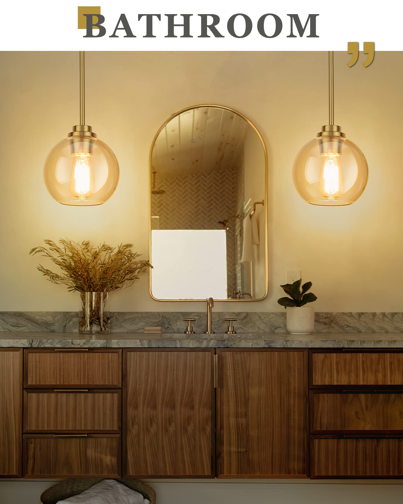 Audickic Brass Pendant Lights Kitchen Island 2 Pack, Farmhouse Gold Pendant Light With Clear Glass Globe Shade, Kitchen Island Lighting For Dining Room Entryway, Ad-22280-1P2-Gd-C