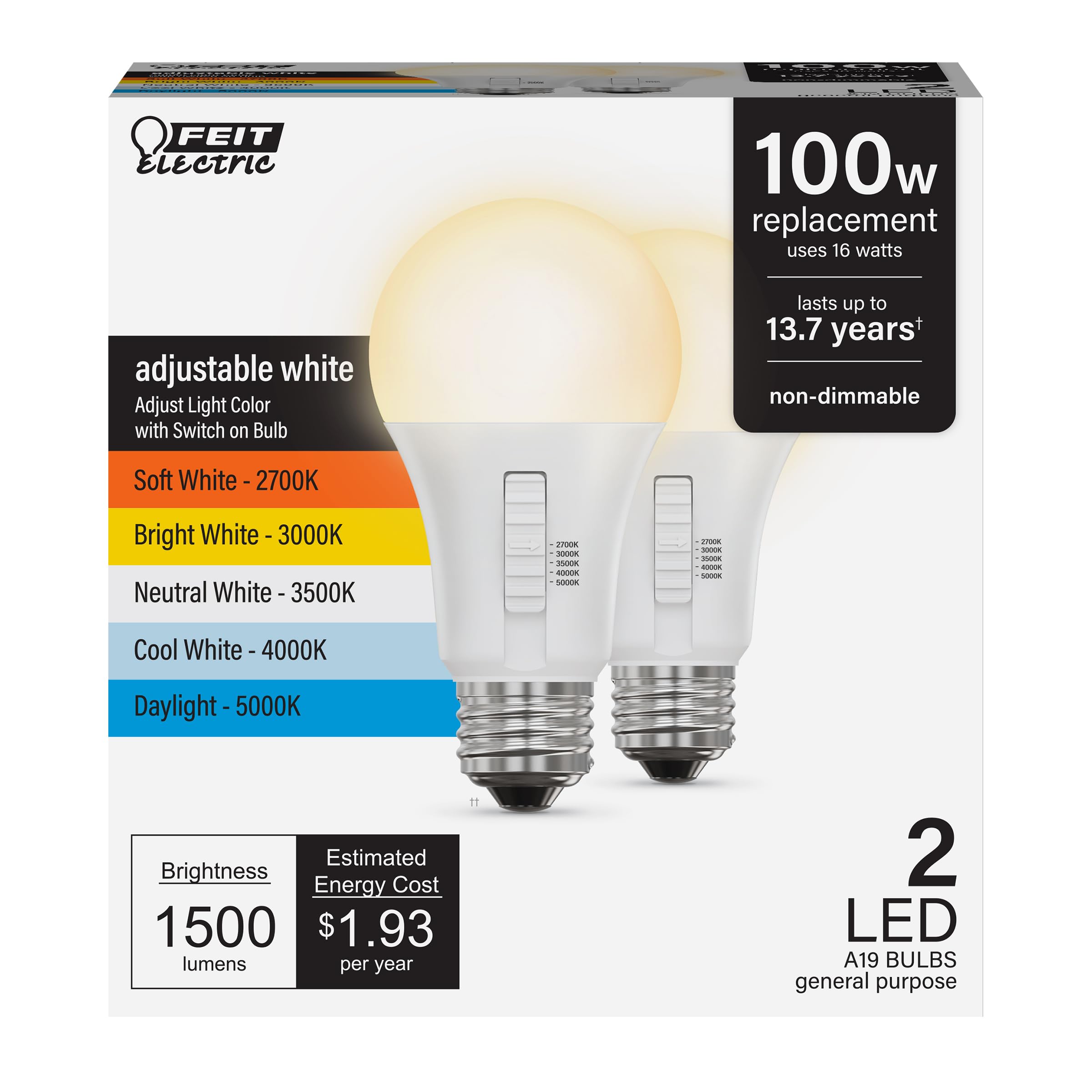Feit Electric A19 Led Light Bulb, 100W Equivalent, Non-Dimmable, 5Cct, E26 Medium Base, 90 Cri, 1500 Lumens, Adjustable White, 1