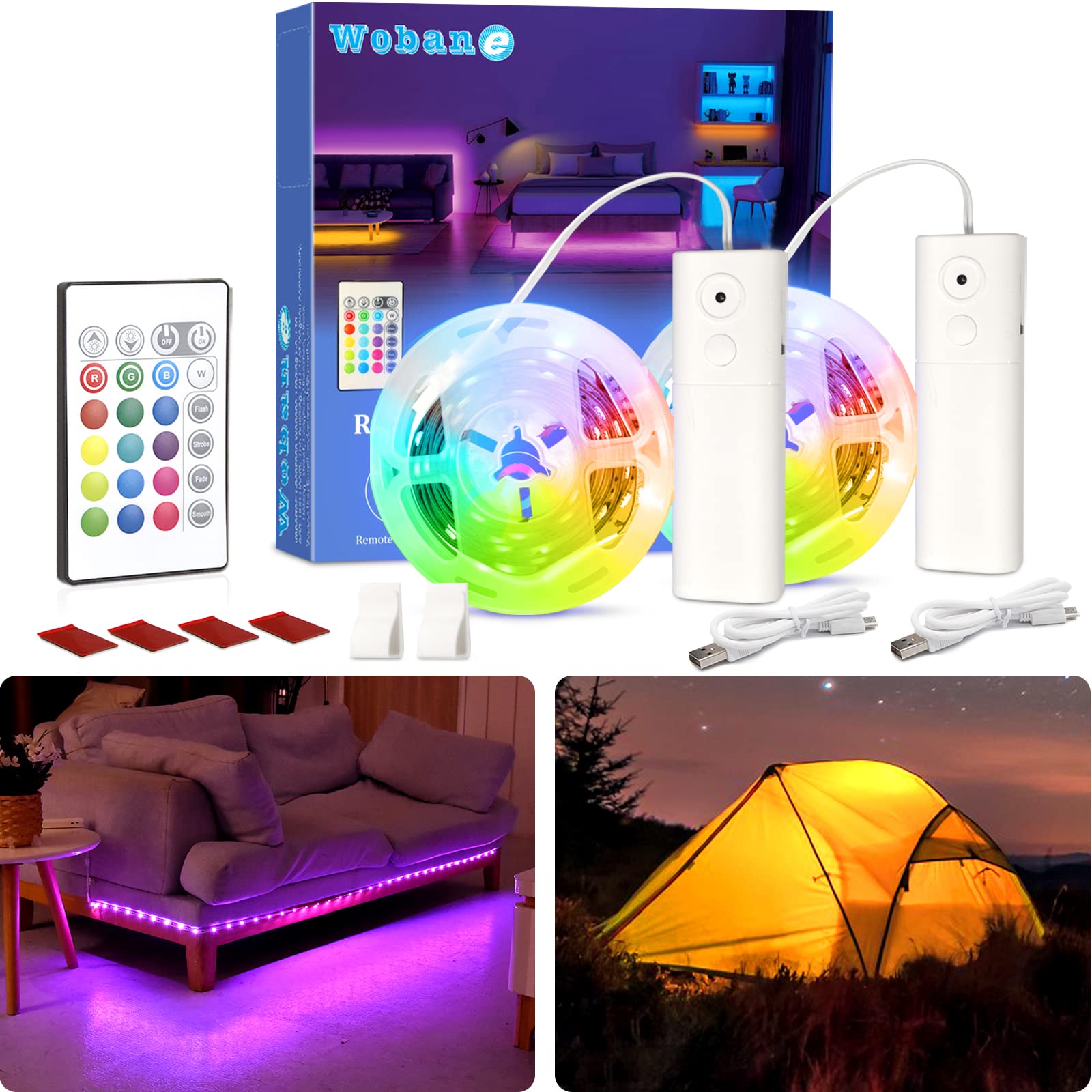 Wobane Led Strip Lights, 2Pcs Dimmable Rgb Rope Lights, Battery Operated, Multicolor, 6.56Ft Each, Model Cl13-Rgb