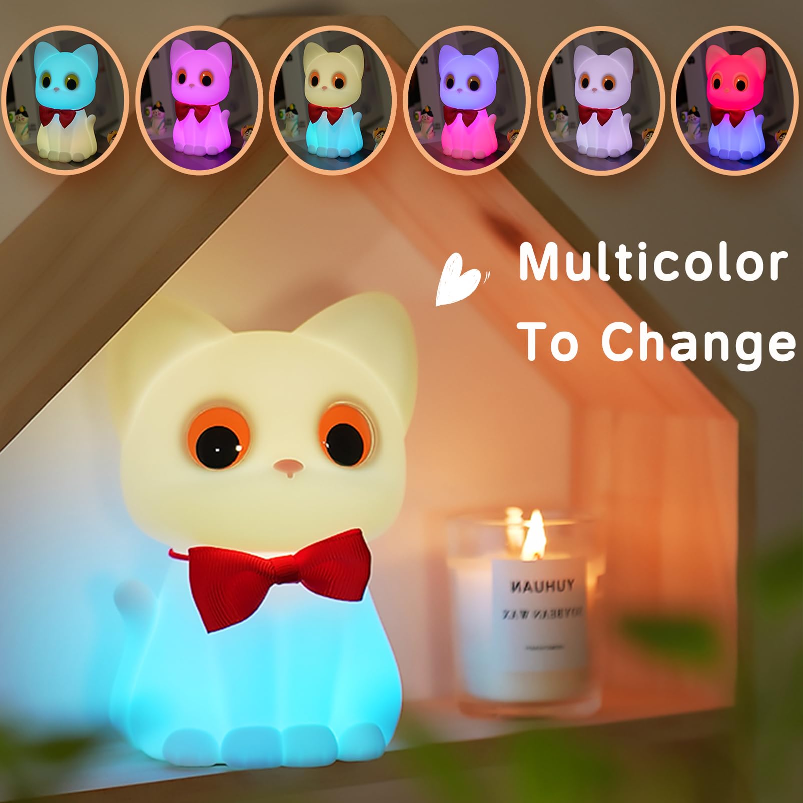 Smoorita Kitty Cat Night Light For Kids  Cute Cat Lamp Portable Silicone Animal Nightlight Rechargeable Nursery Light For Baby Toddler Room  Kawaii Gifts For Boys Girls