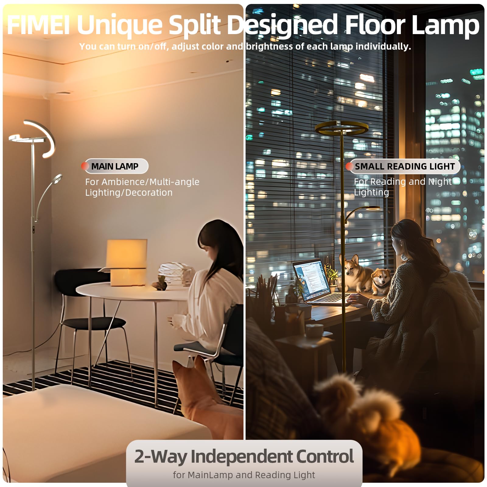FIMEI Modern LED Split Floor Lamp, Rotatable Design, Stepless Dimming, 68.5 inches, Gray, Model MF18813