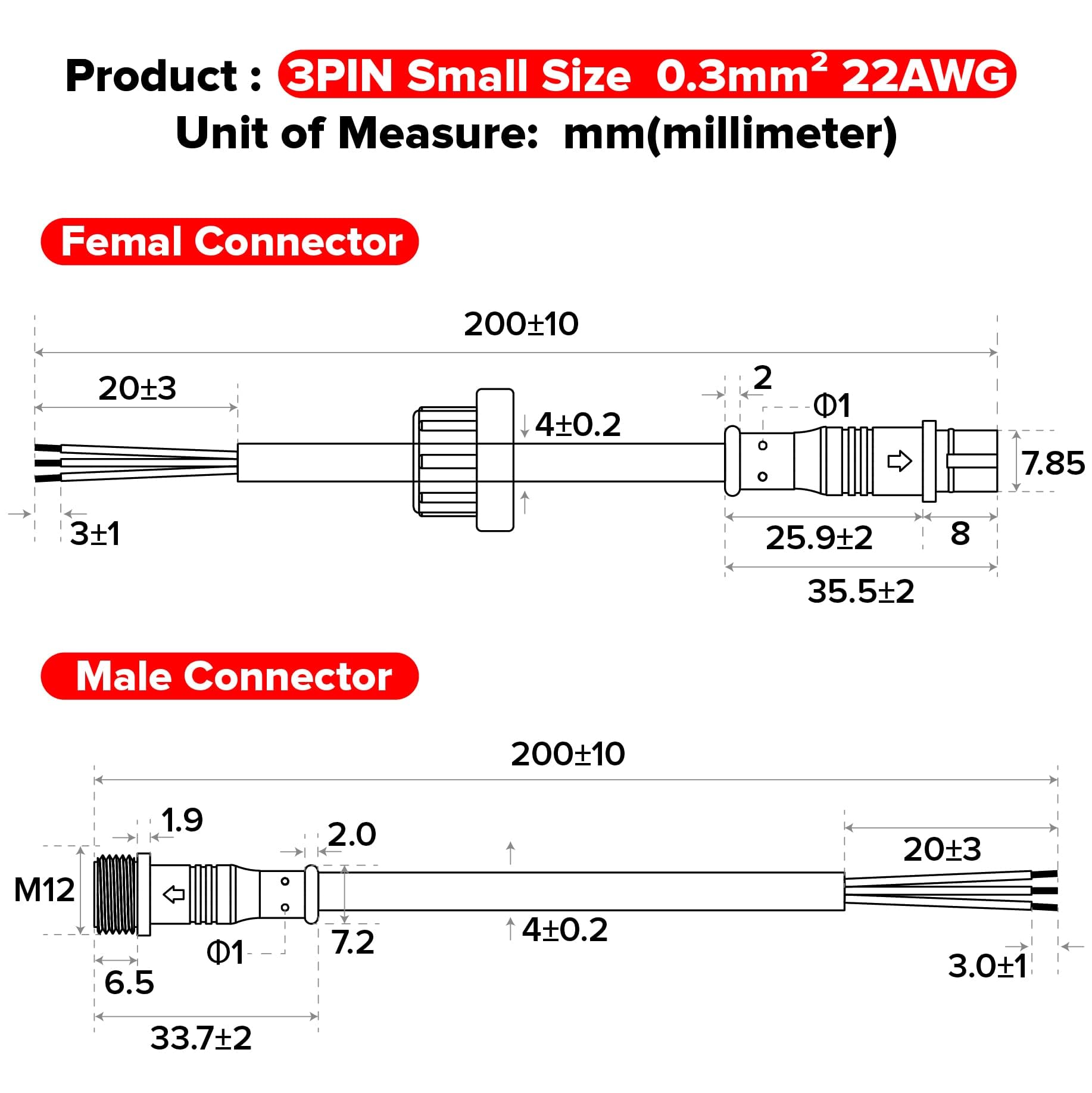 BTF-LIGHTING 3 Pin Electrical Connector IP65 Male Female 22AWG 20cm Extension Cable for Car, Truck, Boat, LED Strip Lights