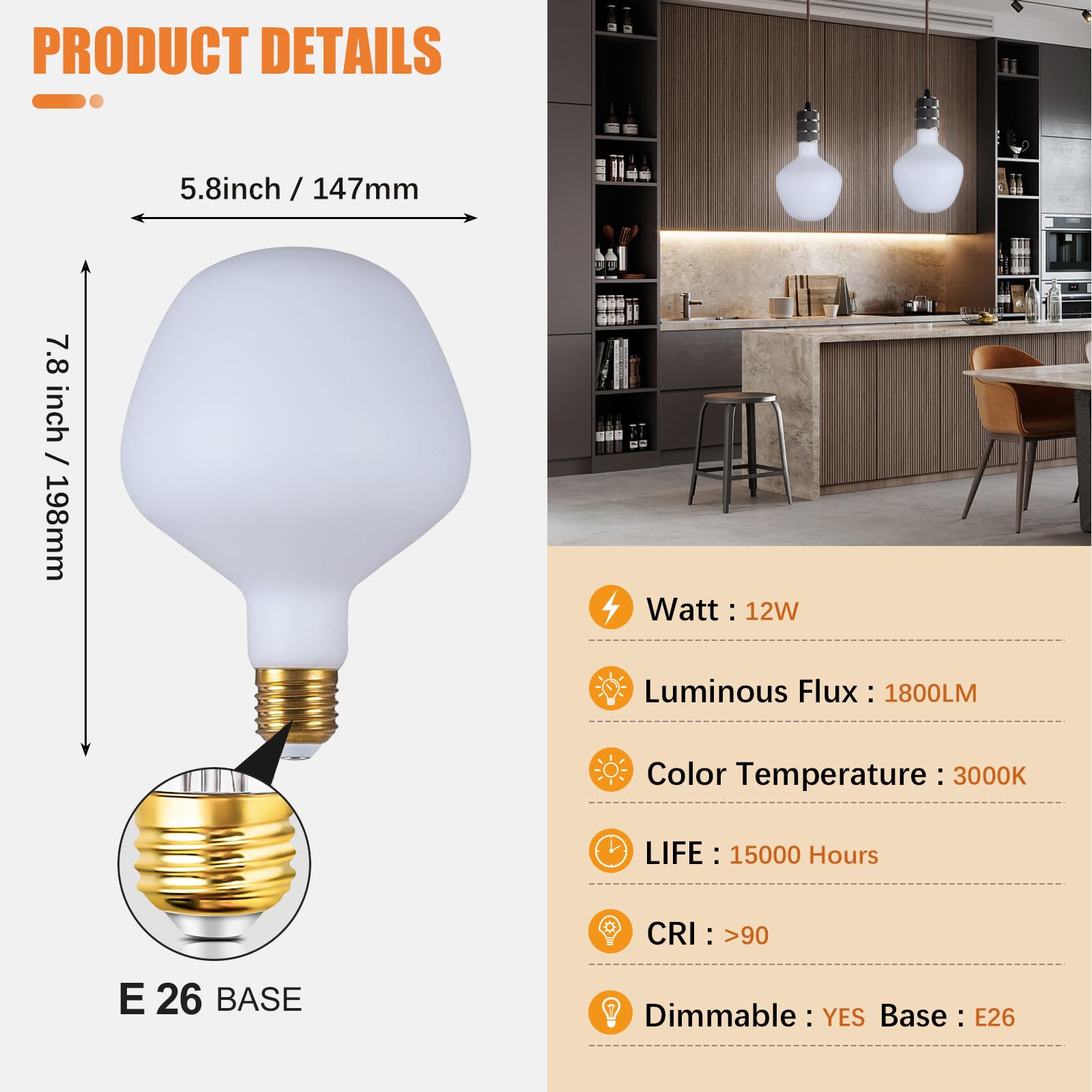 Sd Lux Oversized Decorative Led Light Bulbs 12W 1800Lm (Eqi. 150W) Dimmable Vintage Edison Bulbs E26 Large Globe Bulb Milky Glas