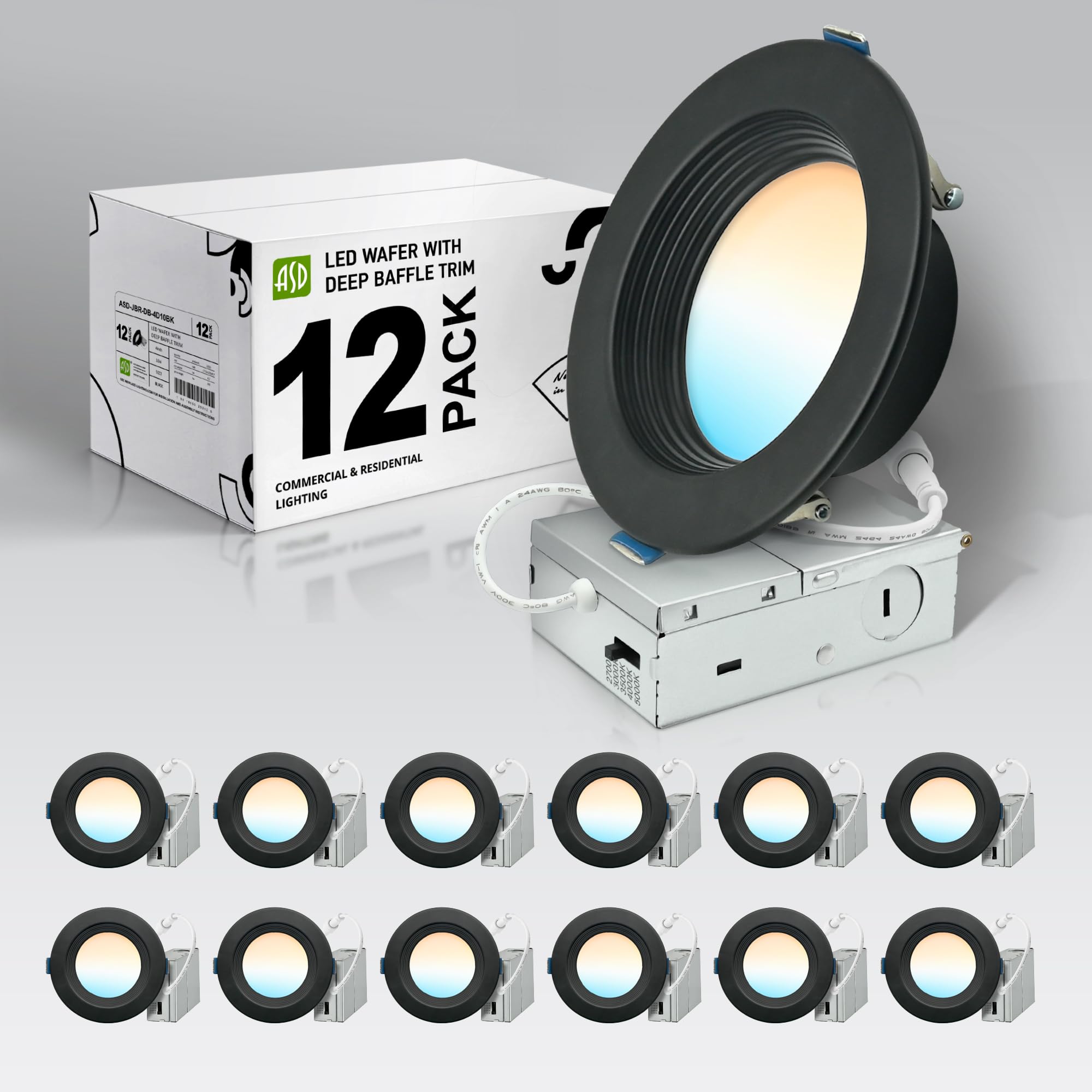 ASD 12 Pack Deep Regressed Baffle Trim Recessed Light, LED Wafer Lights 4 Inch 10W 889LM, 5CCT 2700K-5000K CRI90+, Dimmable Down