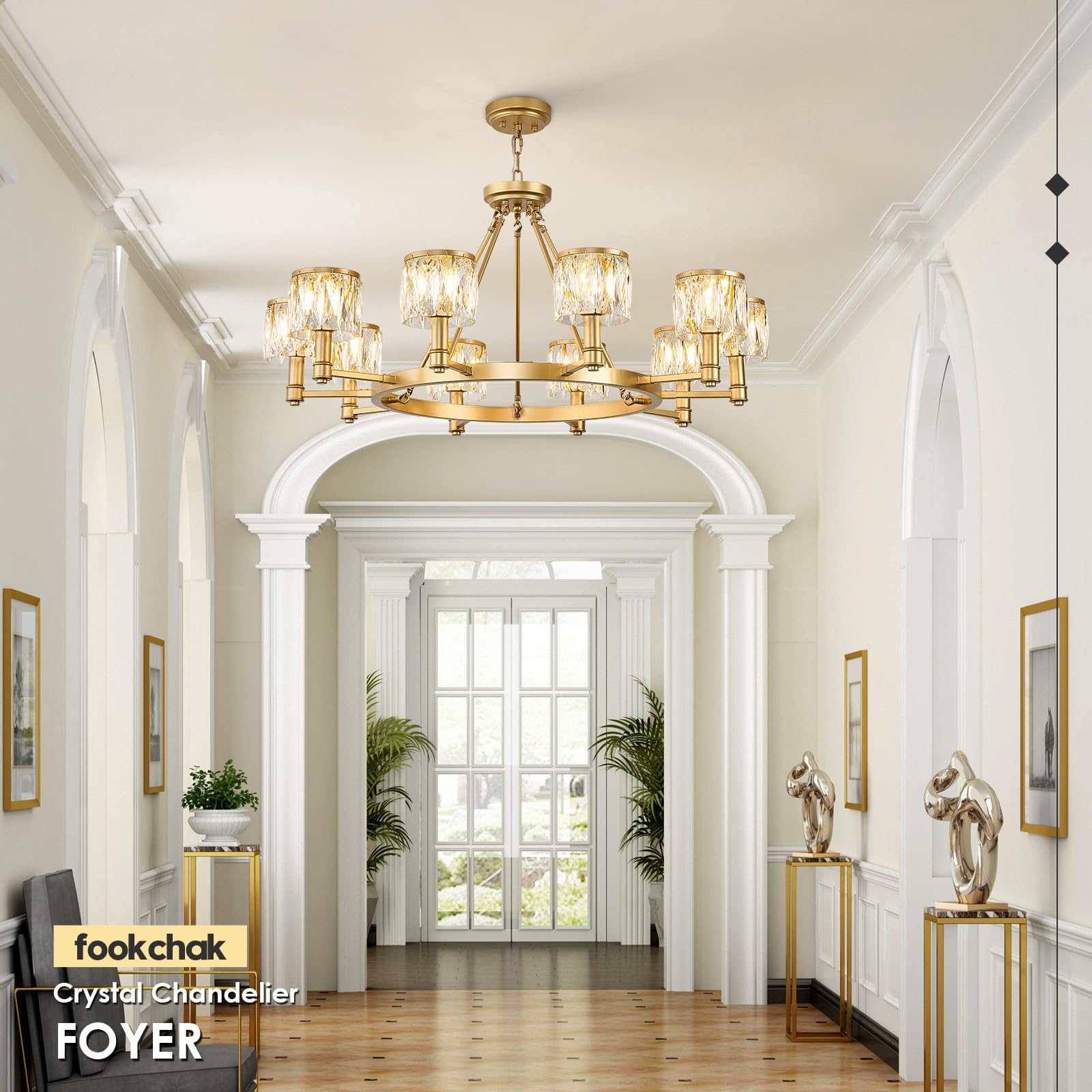 FookChak 10-Light Crystal Glass Chandelier, 38in Gold Modern Fixture for Dining Room, Foyer, Bedroom