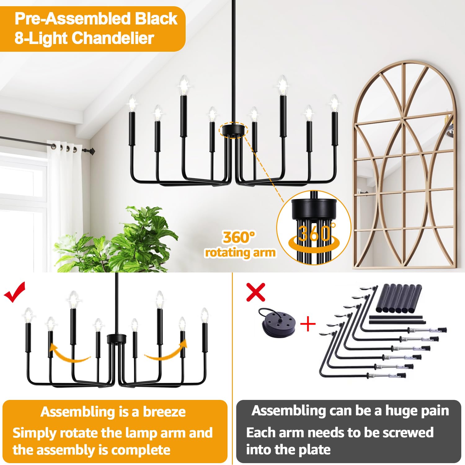 Lynnoland 8-Light Black Chandelier, Vintage Candle Pendant Light Fixture for Dining Room, Bedroom, Foyer, and Living Room