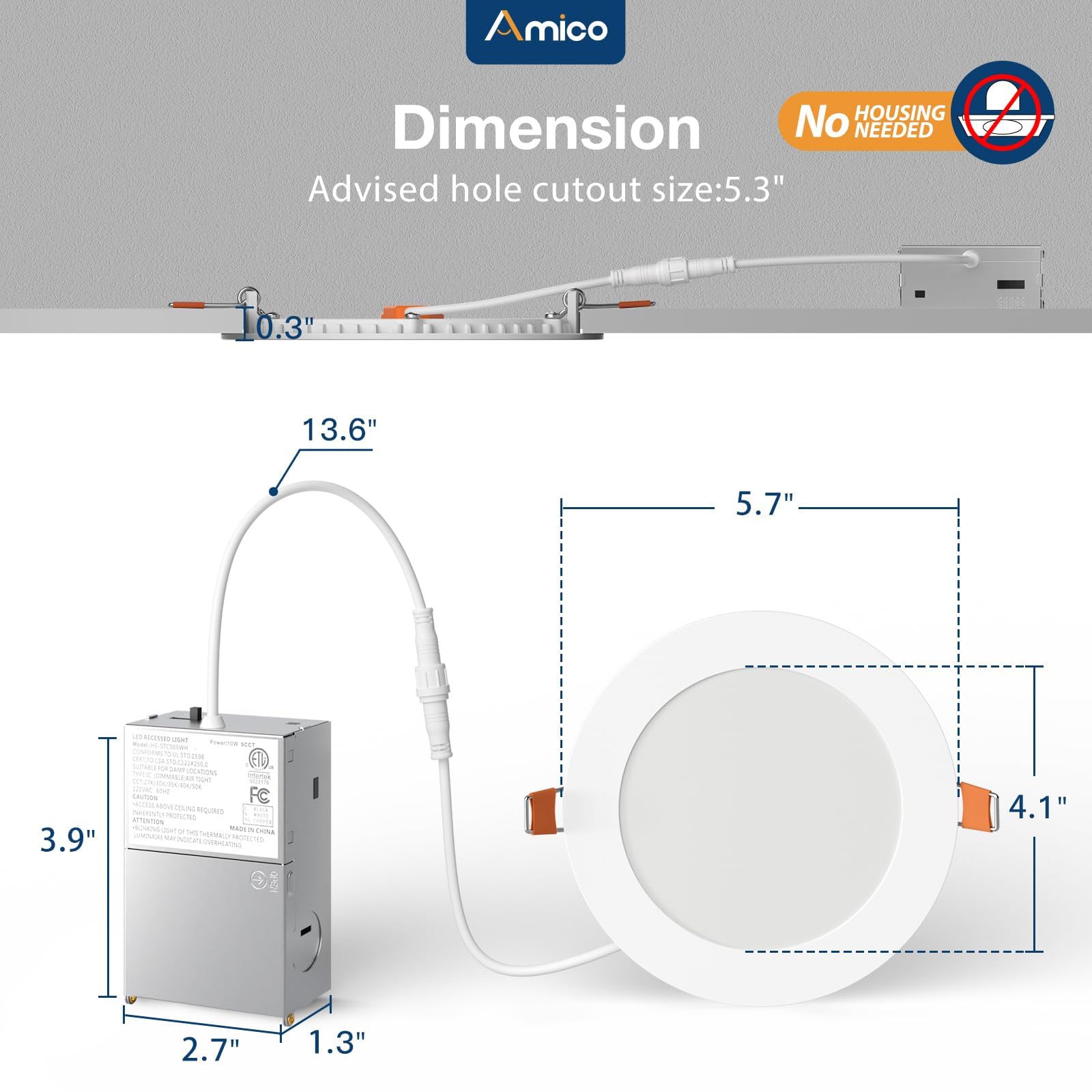Amico Ultra-Thin 5 Inch LED Canless Recessed Ceiling Light, 5CCT, Dimmable, 11W=75W, Model HS-STC510WH