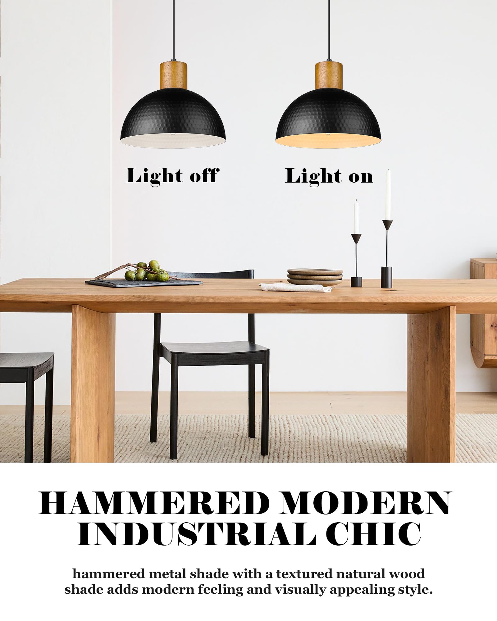 Elyona Industrial Pendant Light - Black Rubber Wood & Hammered Metal Shade For Kitchen & Dining