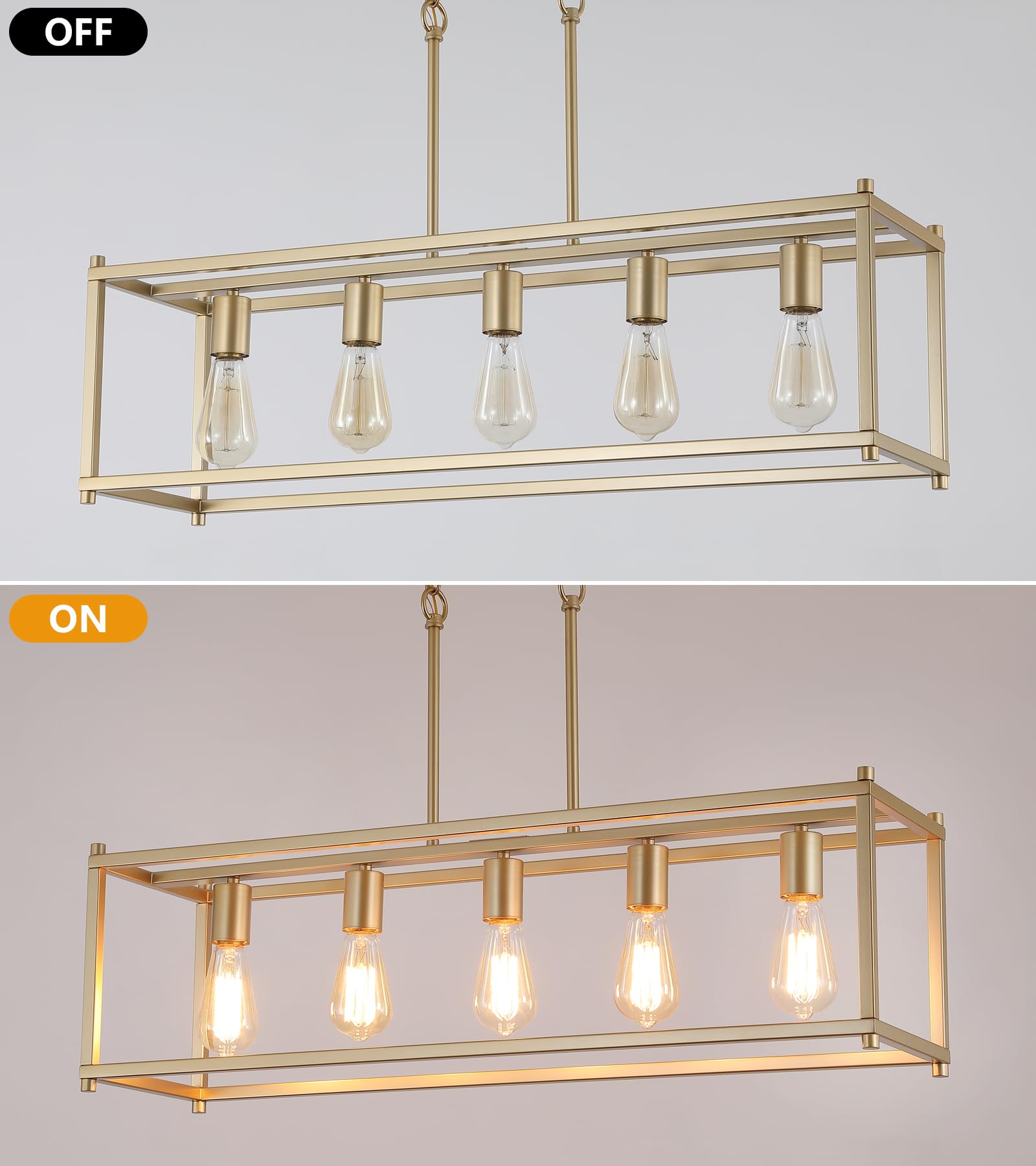 AMZASA Gold Industrial Chandelier, 5 Lights Rectangular Kitchen Island Light, UL Listed, Iron, 32.7x8.7x66.7 inches