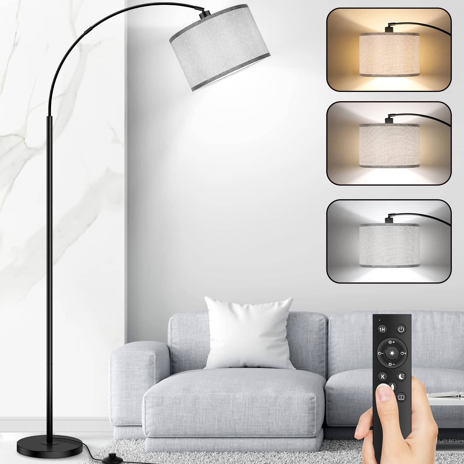 Arc Floor Lamps for Living Room, Modern Remote Control Standing Lamp with Stepless Dimmable, Black Tall Lamp with Gary Drum Shad