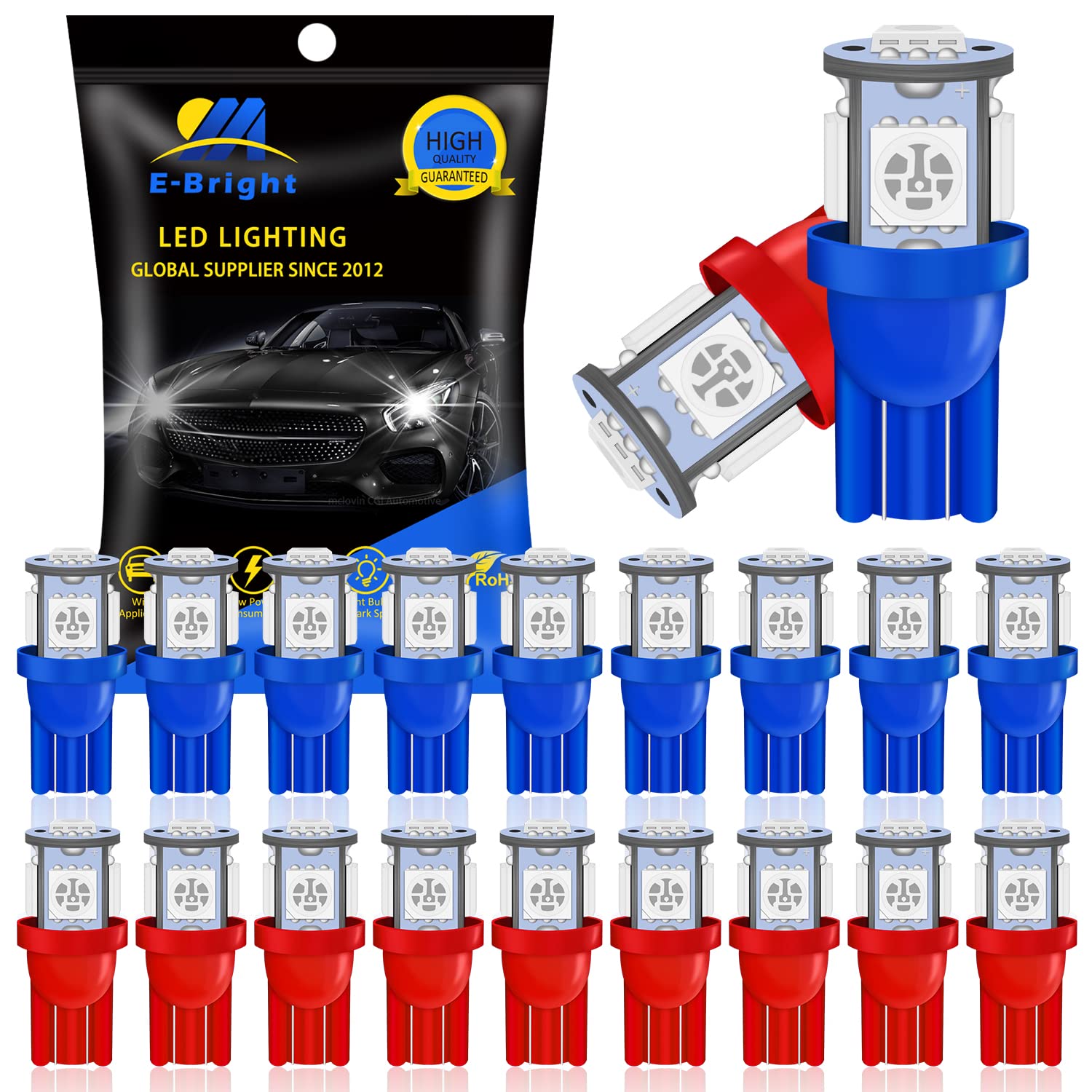 EverBright 20-Pack 194 Led Bulb Amber, T10 194 168 2825 W5W 5 SMD 5050 LED Bulb for Car Interior Lights Wedge License Plate Ligh