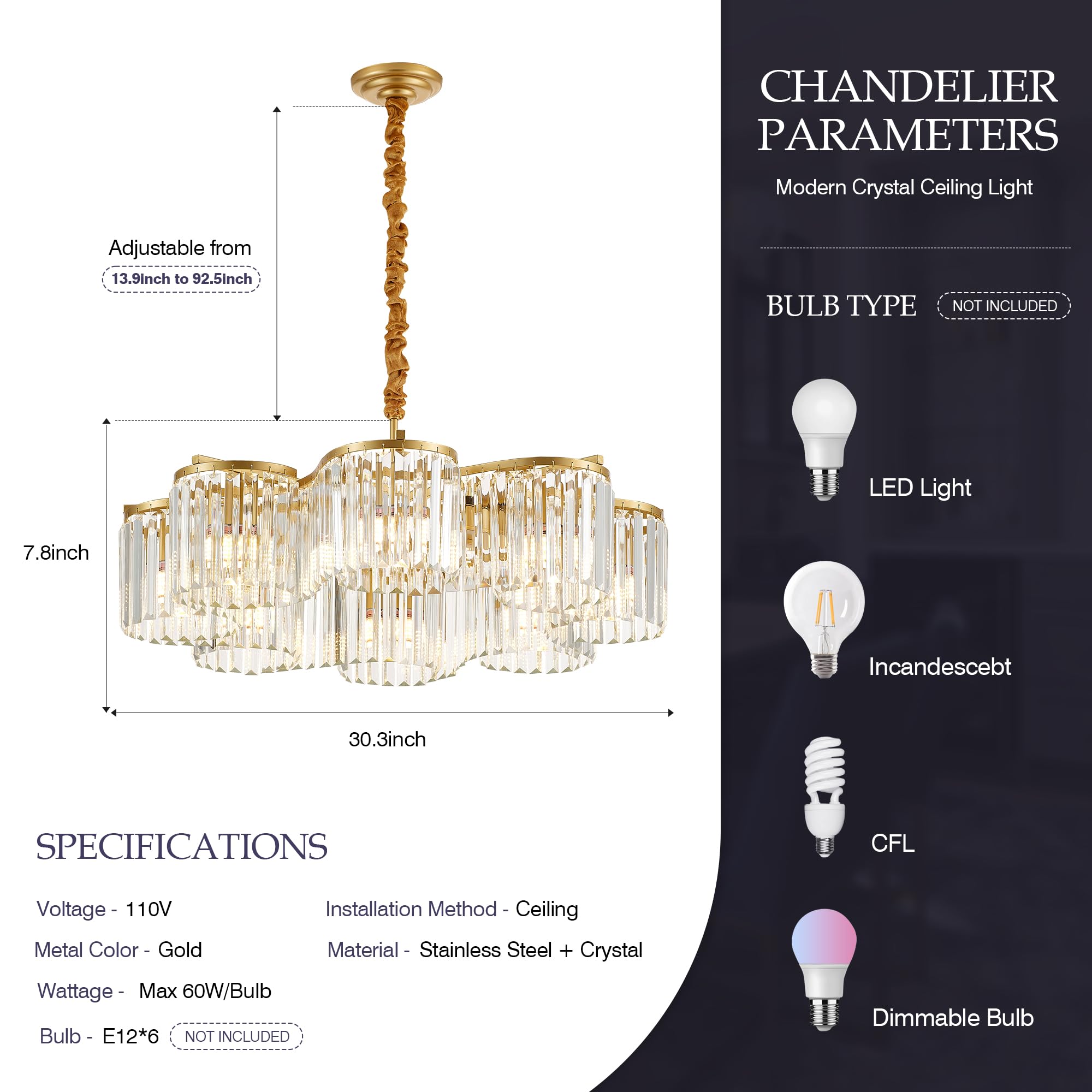 Salaiwei 30.3 Gold Semi Flush Mount Ceiling Light Fixtures, 8-Light Gold Modern Crystal Chandelier Height Adjustable Pendant Lig