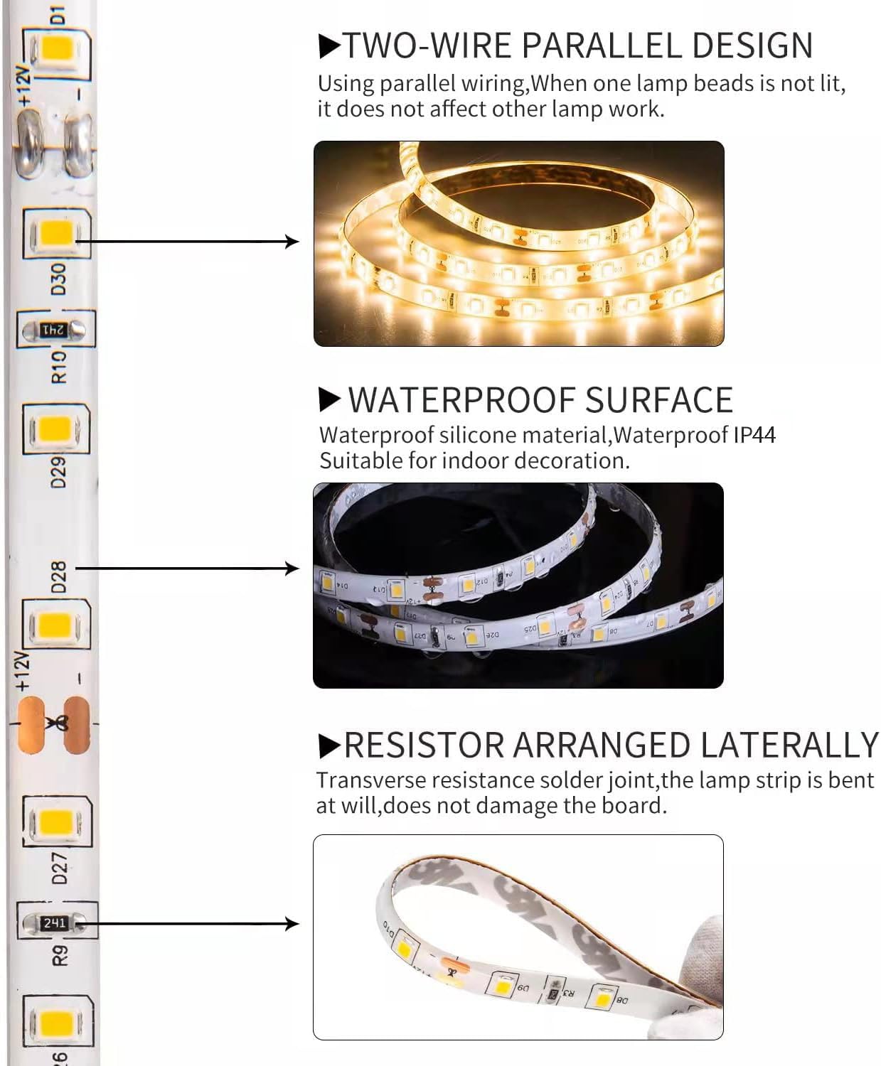 JUNWEN LED Strip Lights 50ft Warm White Waterproof Flexible Dimmable Indoor Lighting for Bathroom, Fish Tank, Bedroom, Kitchen