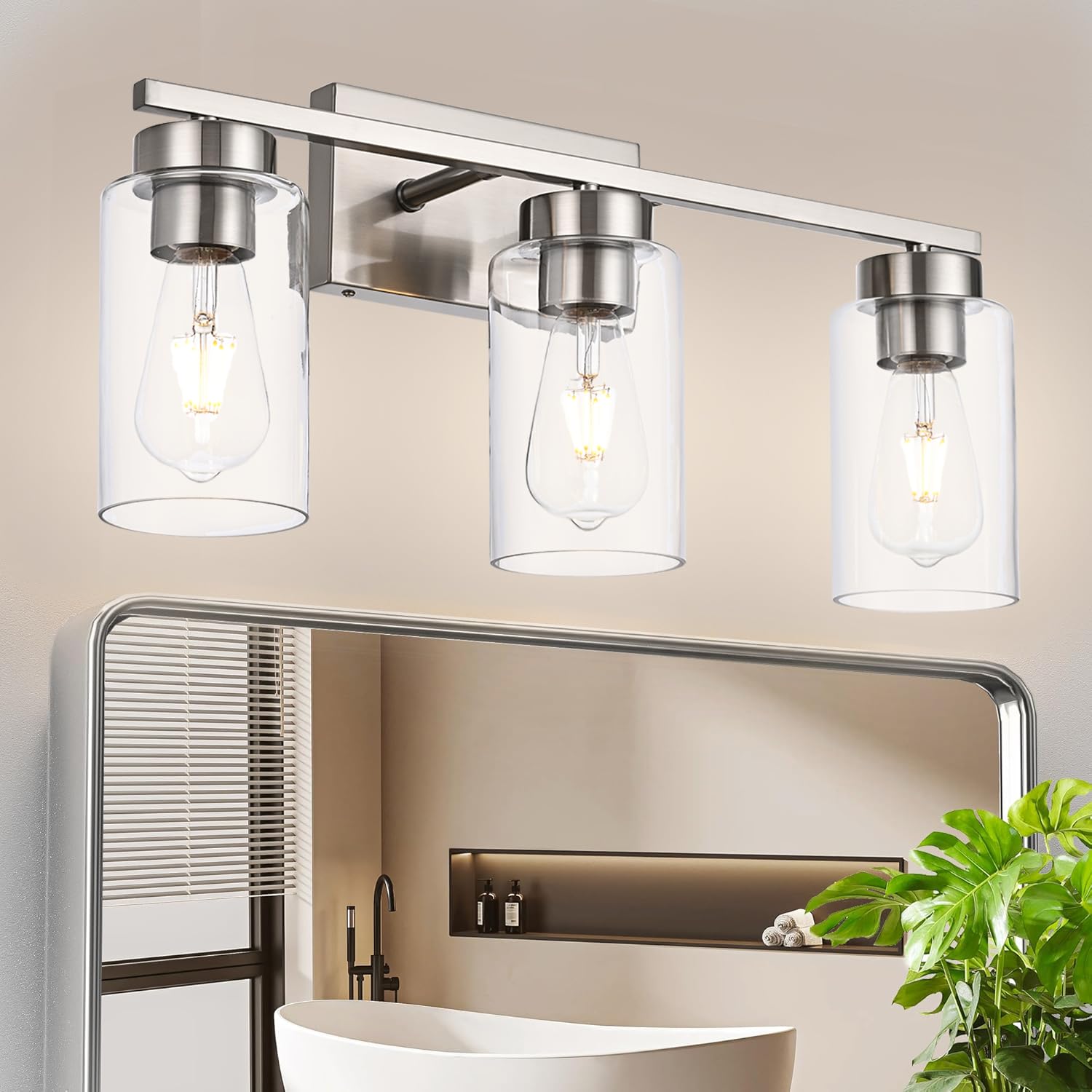 A1A9 3-Light Bathroom Vanity Light, Modern Brushed Nickel Wall Lights With Clear Glass Shades, Bathroom Wall Sconce Lamp For Mir
