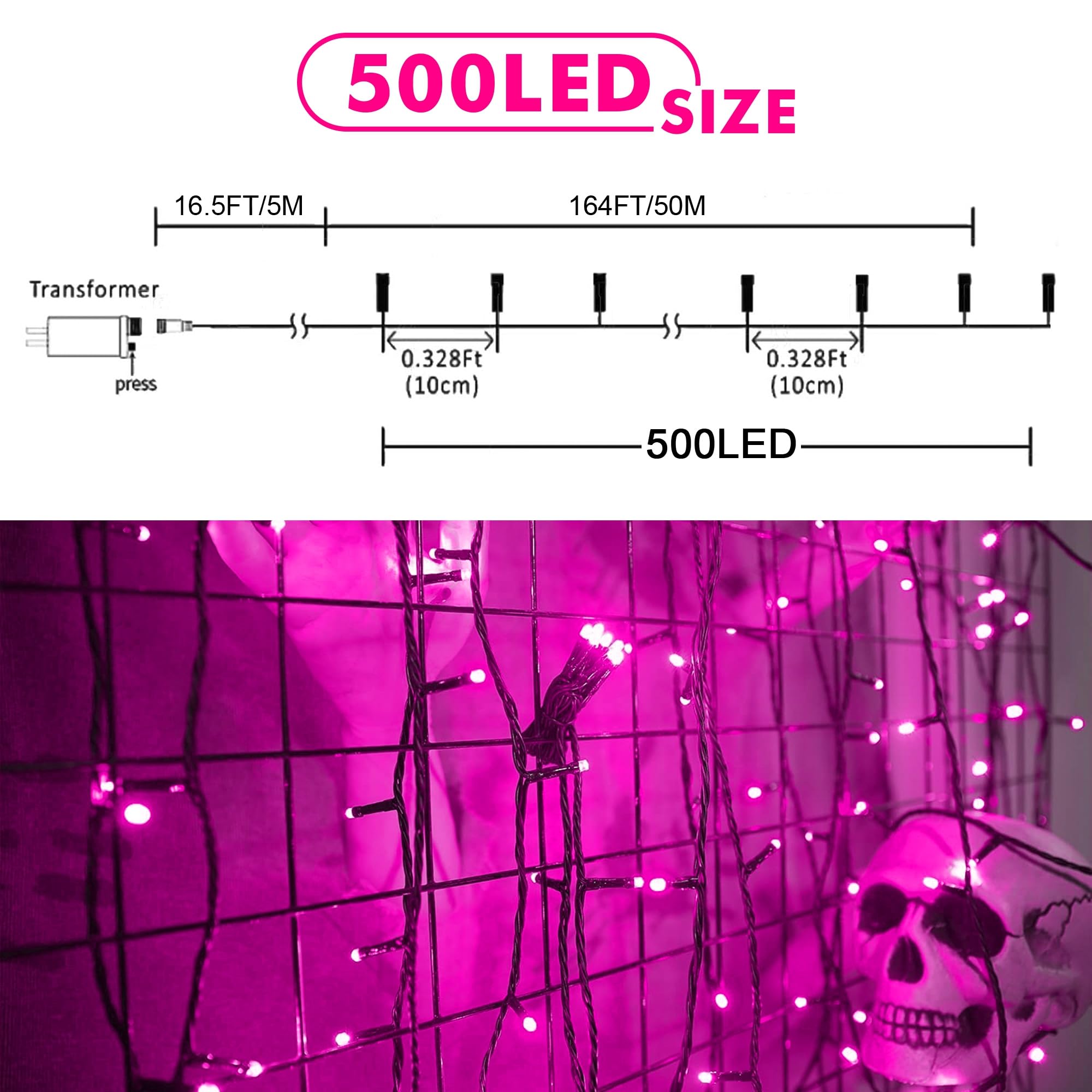 weillsnow 164FT Pink Halloween String Lights, 500 LED, Waterproof, 8 Modes Fairy Lights for Party, Wedding, Garden Decor