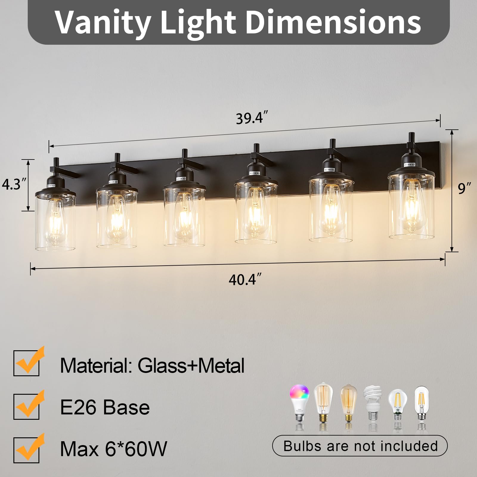 Lanhall 6-Light Black Bathroom Light Fixture Over Mirror Modern Farmhouse Bathroom Vanity Light Vintage Wall Lighting With Clear