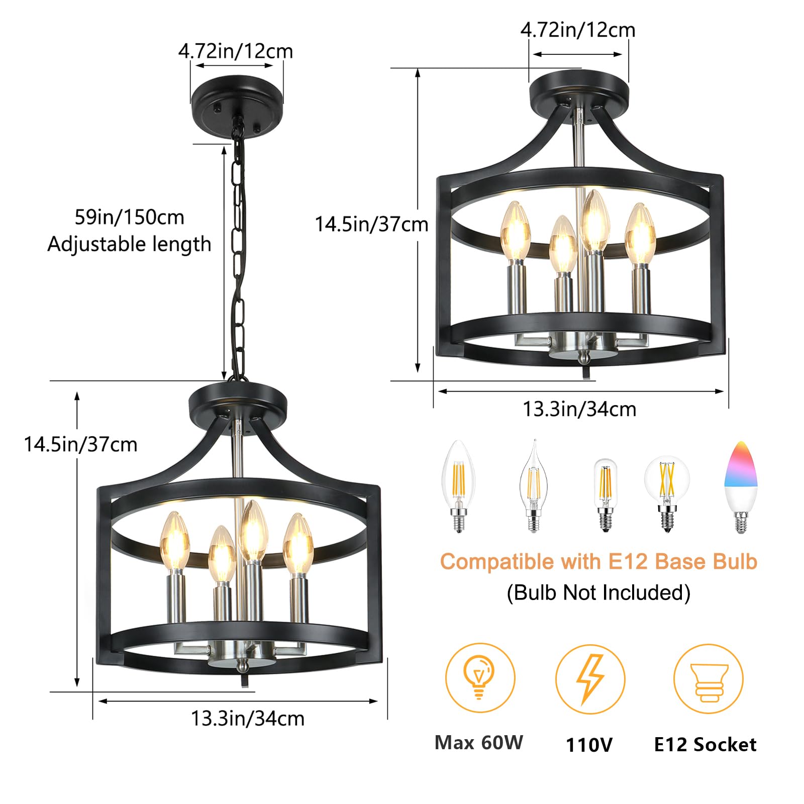 Kmaipem 4 Lights Farmhouse Chandeliers For Dining Room, Modern Chandelier Convertible Semi Flush Mount Ceiling Light Fixture For