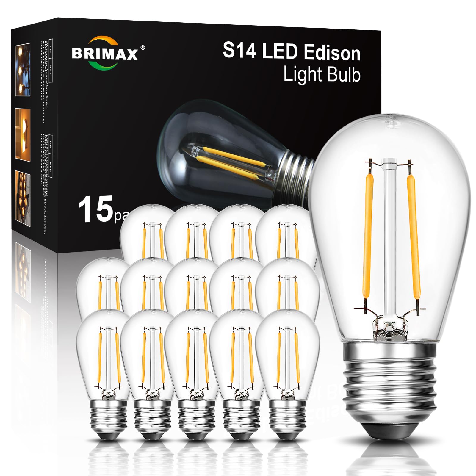Brimax 2W S14 Led Edison Light Bulbs Outdoor 11W Incandescent Filament Bulb Replacement 2700K Bright Warm White Dimmable, E26 Ba