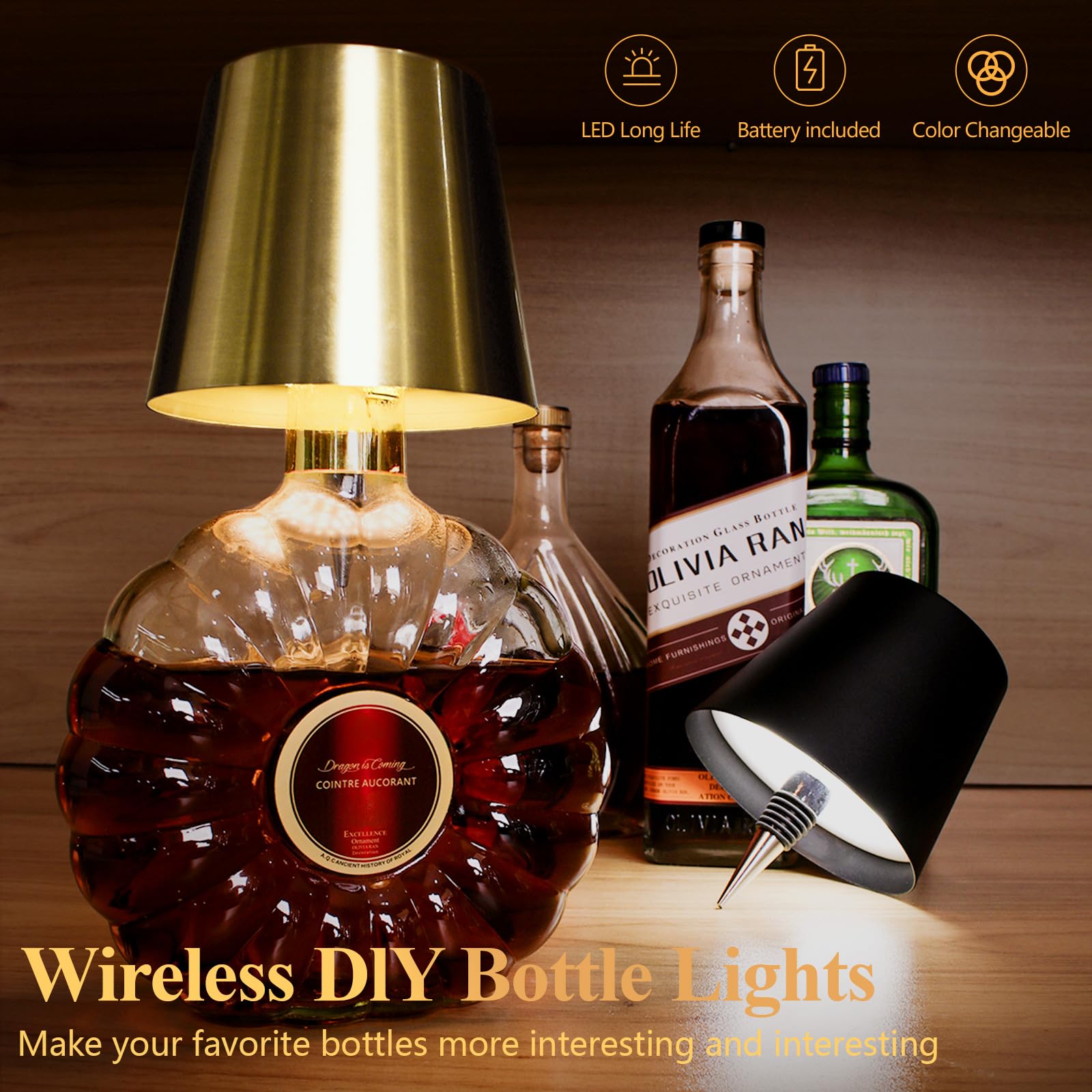 Mebaraul Wine Bottle Lamp - 3 Color Rechargeable Wireless Lamp, Touch Dimming, Metal, Gold, Model FT1