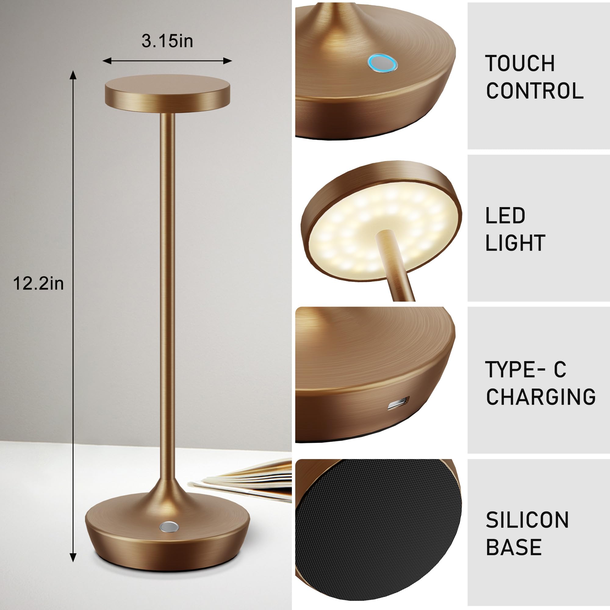 Willdoak Cordless Led Table Lamp - 6000Mah Rechargeable, Dimmable, Waterproof, Bronze