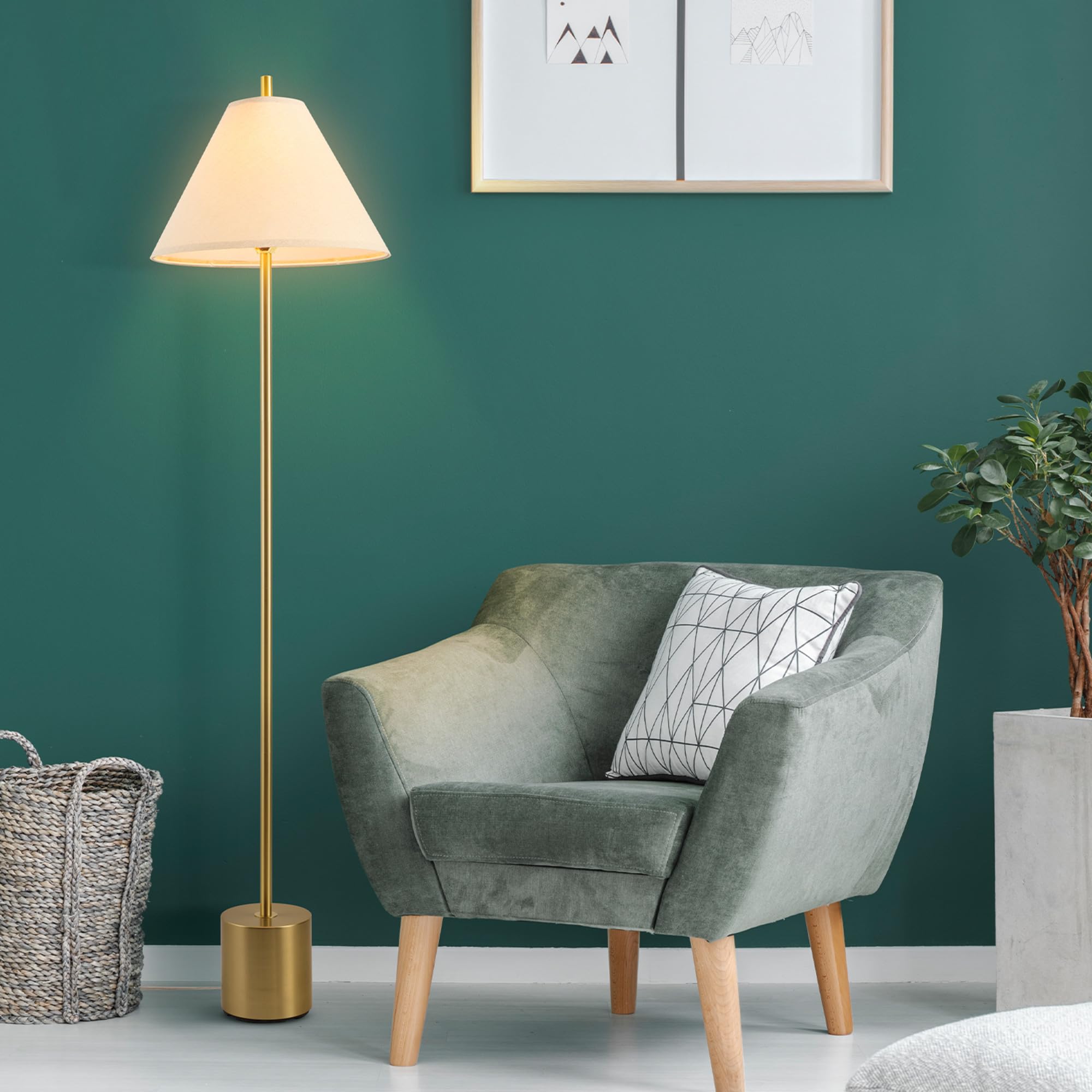 Globe Electric 61000060 60'' Floor Lamp, Matte Brass Finish, Beige Linen Shade, Heavy Weighted Base, On/Off Rotary Switch On Soc