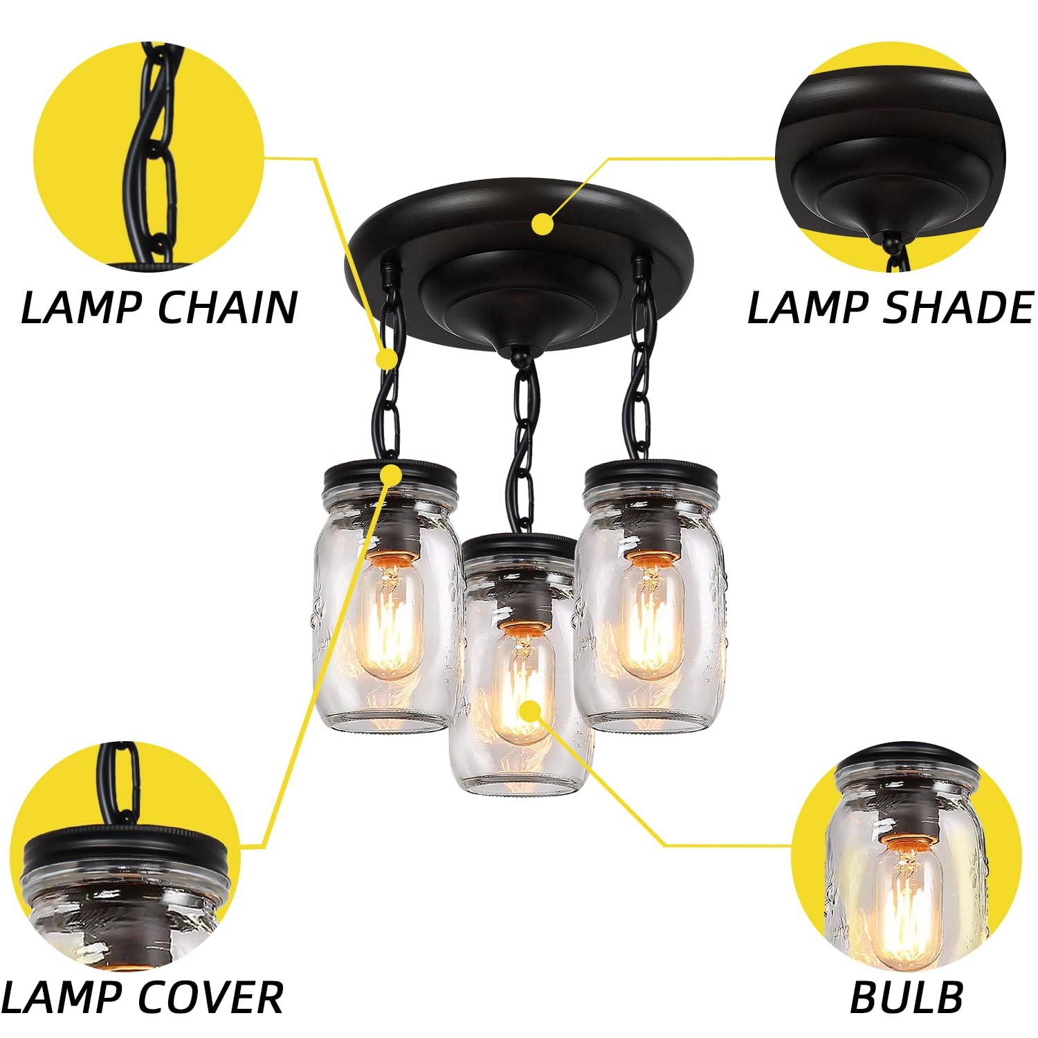 Jasopaco Glass Mason Jar Light Fixtures, 3-Lights Pendant Ceiling Lights Flush Mount - Black Country Farmhouse Lights For Kitchen Dining Room Foyer Stairway Hallway Entryway Porch
