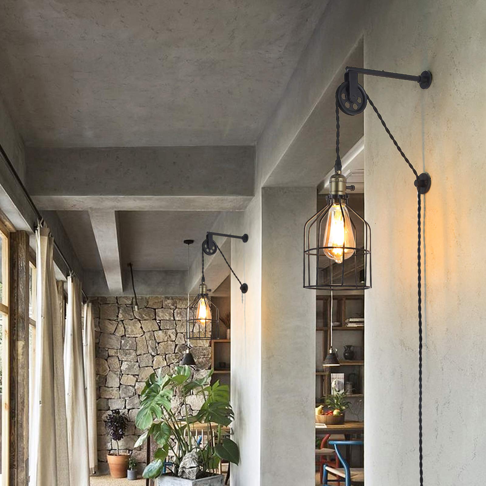 Injak Industrial Plug-In Wall Sconce, Adjustable Height Black Metal Cage Light For Home Decor