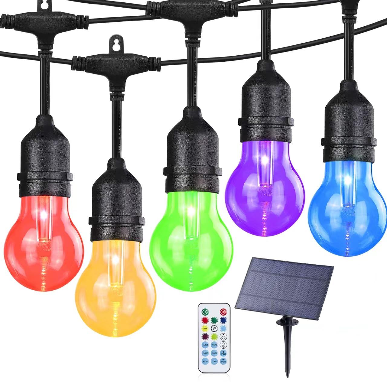 IPStank 144FT Solar Outdoor String Lights, 45 Shatterproof E26 LED Bulbs, IP65 Waterproof, RGB Color Changing, Dimmable, Model YGM-S14-15