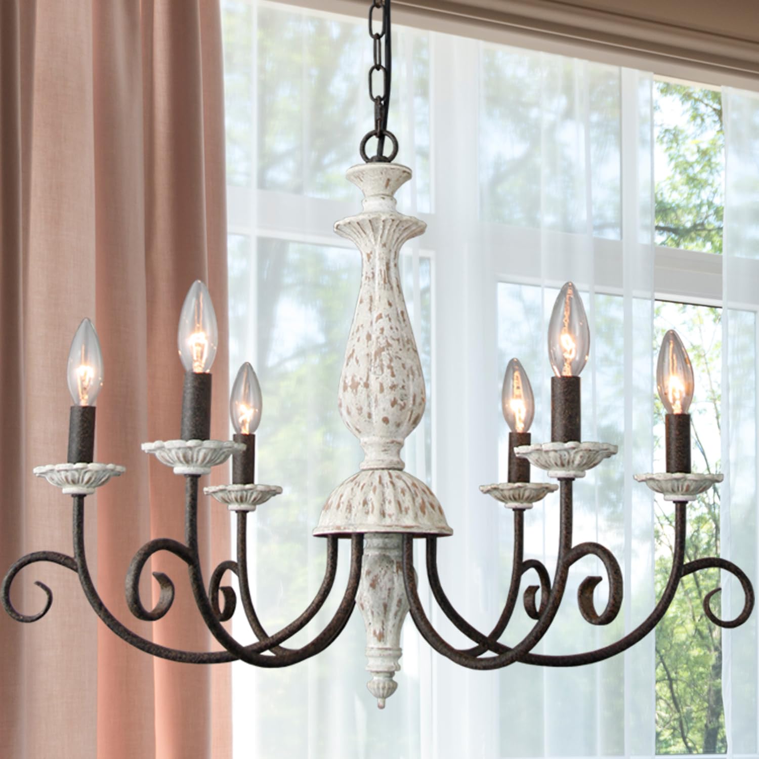 Cawabien Farmhouse Chandelier For Dining Room, 6-Light French Country Lighting Handmade Distressed White Wood Candle Chandelier 