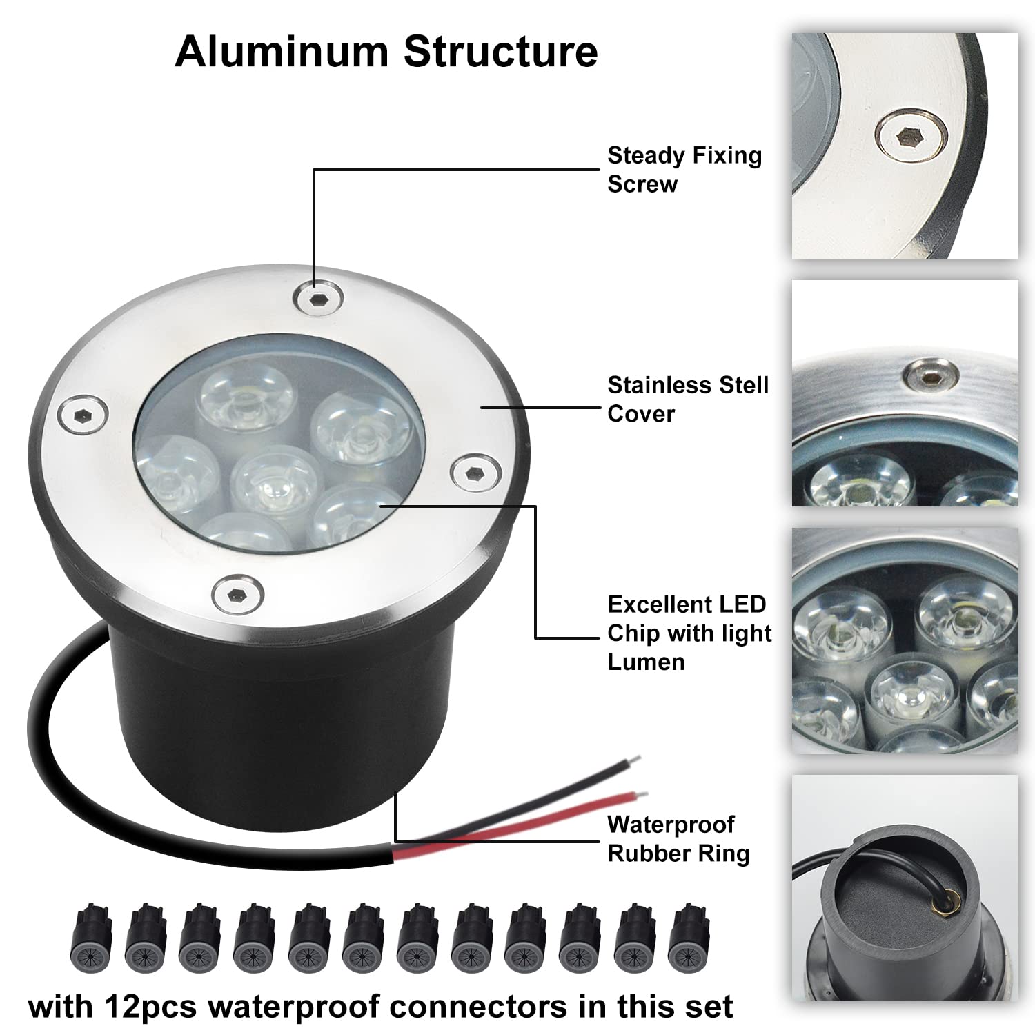 JESLED 6W LED Landscape Lights, IP67 Waterproof 6000K Cool White, 6-Pack Aluminum Ground Lights for Yard, Deck, Driveway, Patio