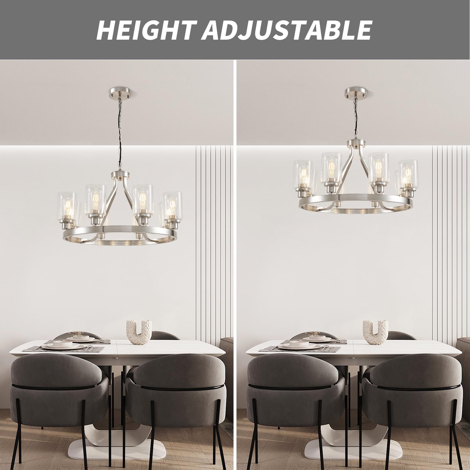 Lanhall 8-Light Brushed Nickel Chandelier - Modern Kitchen Pendant Lighting with Glass Shade, Adjustable Height, Model 1064