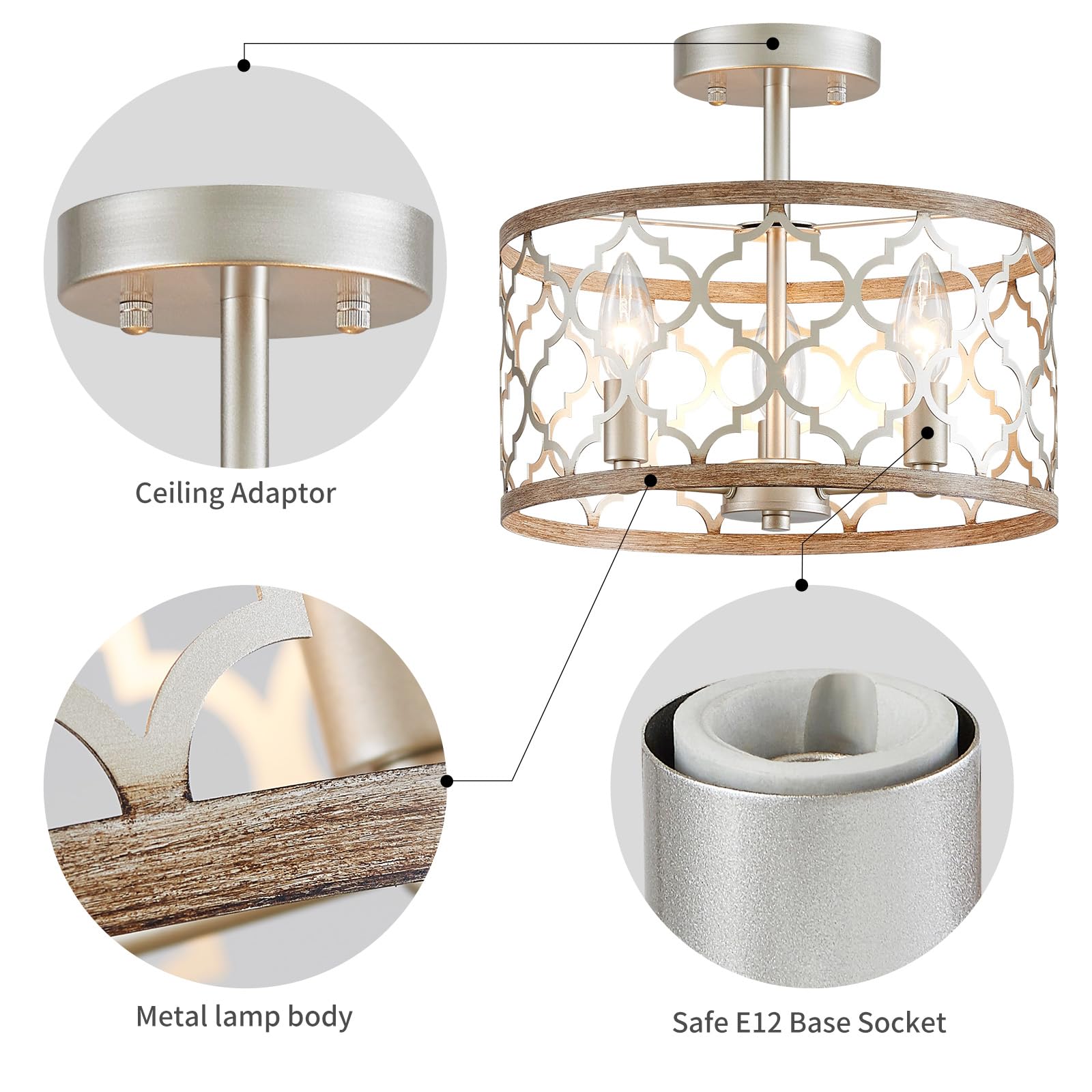 WUZUPS Chandelier 3-Light Vintage Farmhouse Ceiling Light Fixture, H 9.8in x W 12.4in, Nickel & Wood compatible with, Model USHD900040BN